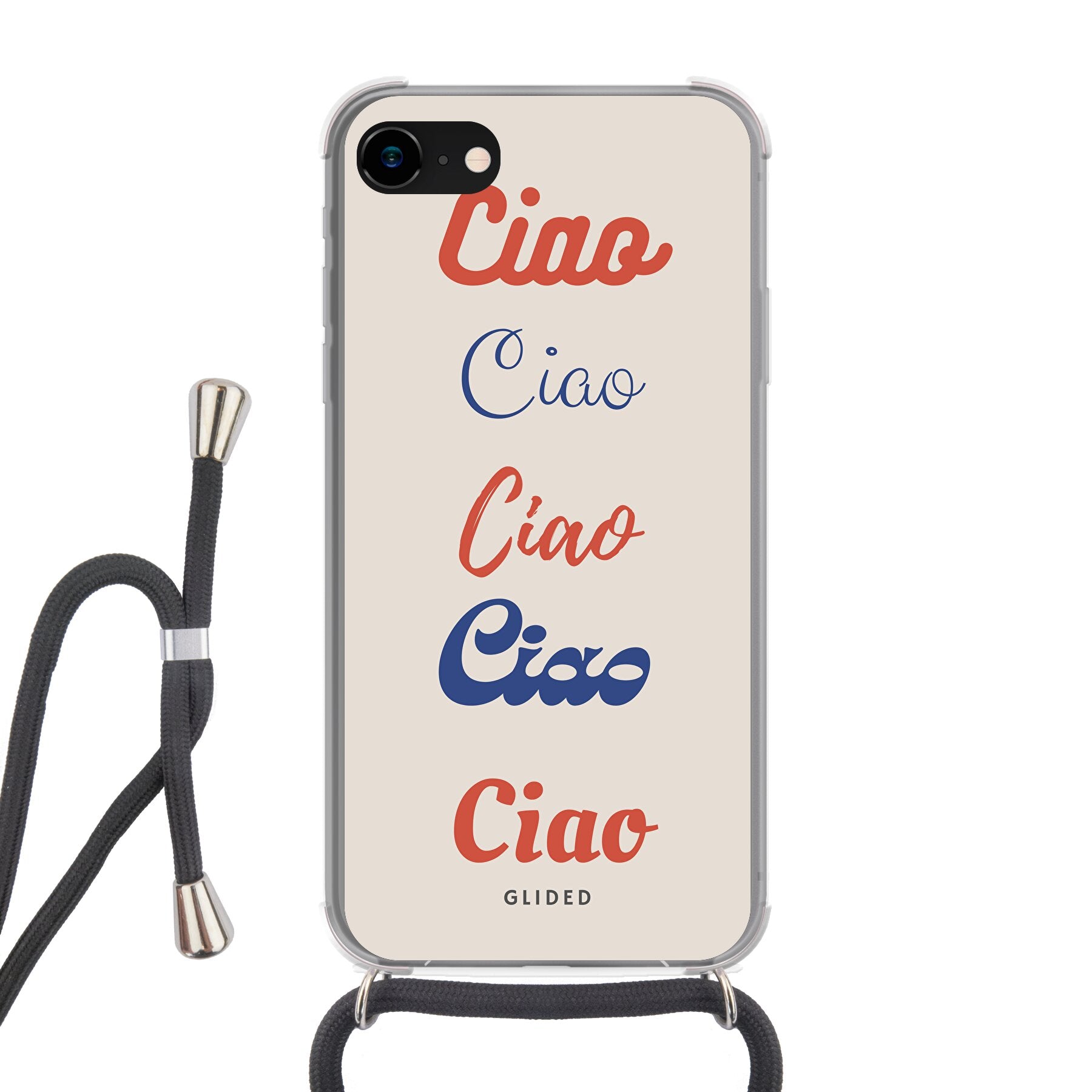 Ciao iPhone 7 Handyhülle mit buntem Design und dem Wort Ciao in verschiedenen Schriftarten.