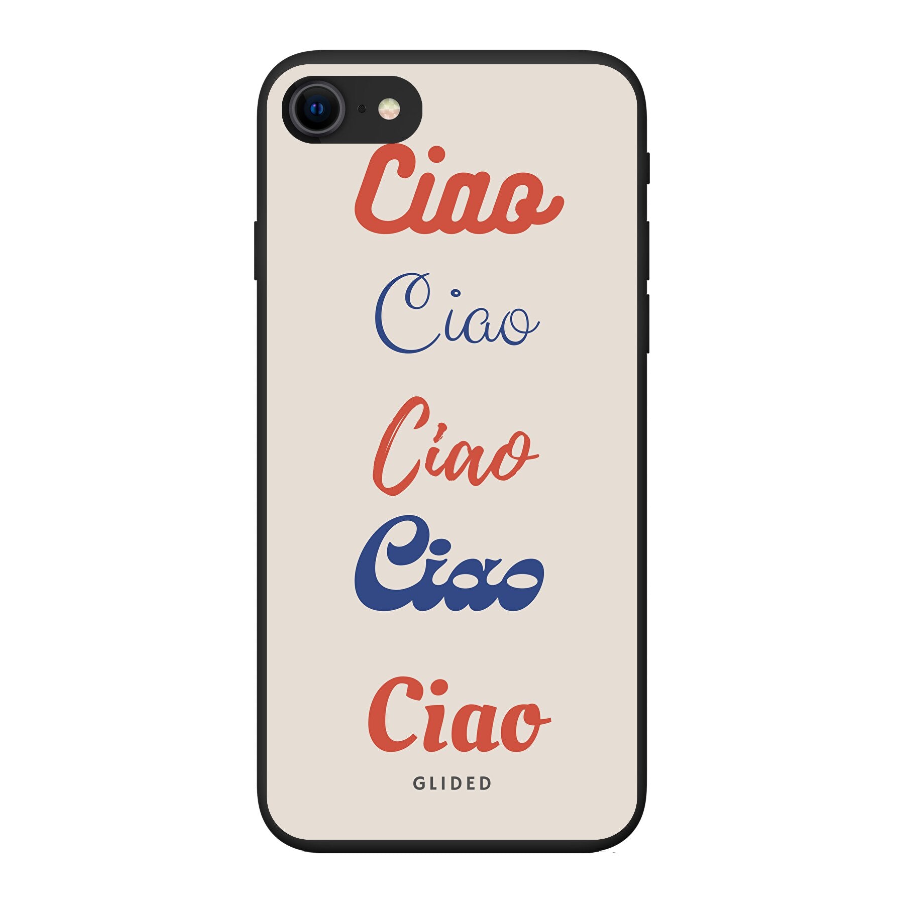 Ciao iPhone 7 Handyhülle mit buntem Design und dem Wort Ciao in verschiedenen Schriftarten.