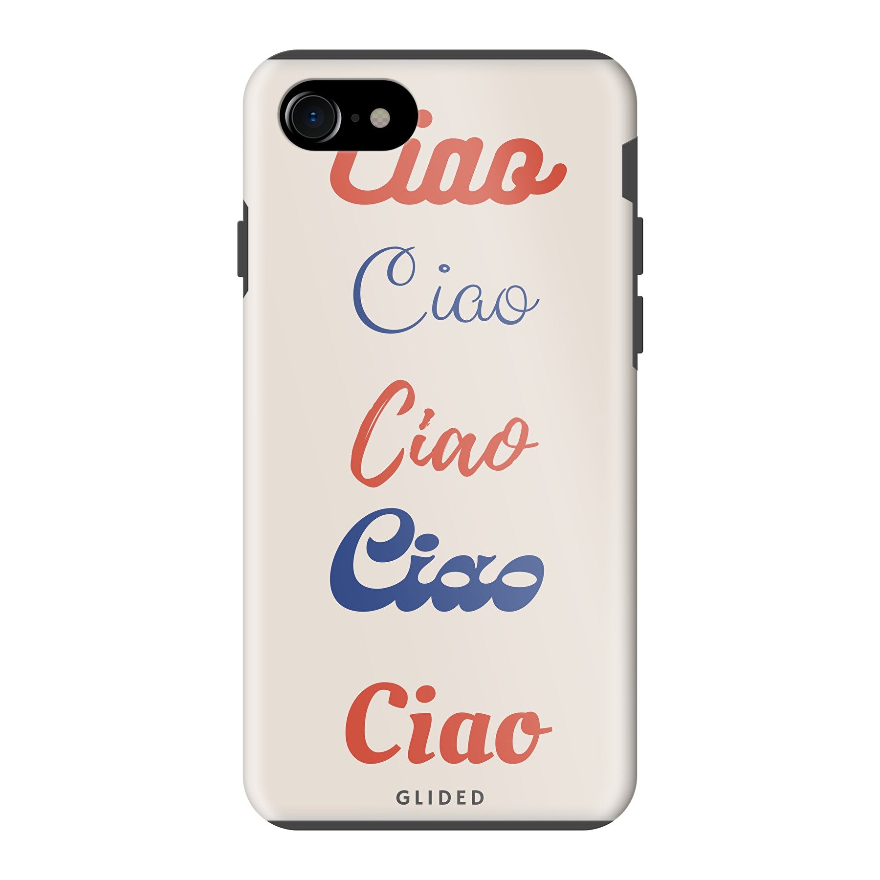 Ciao iPhone SE 2020 Handyhülle mit buntem Design und dem Wort 'Ciao' in verschiedenen Schriftarten.