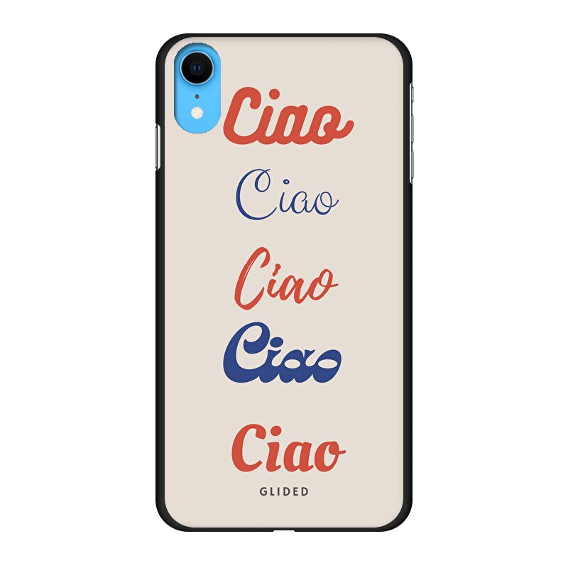 Ciao iPhone XR Handyhülle mit buntem Design und wiederholtem Schriftzug 'Ciao' in verschiedenen Schriftarten.