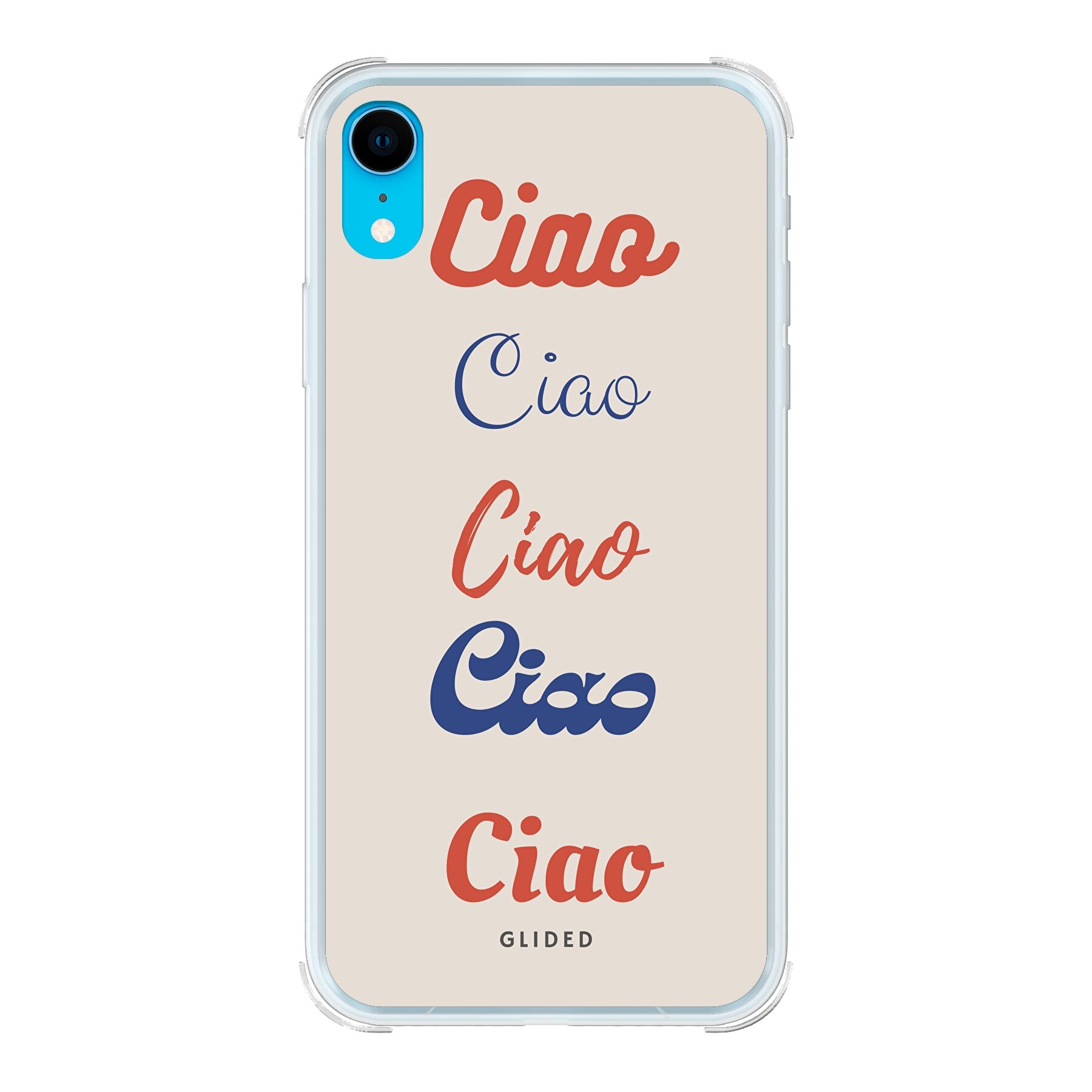 Ciao iPhone XR Handyhülle mit buntem Design und wiederholtem Schriftzug 'Ciao' in verschiedenen Schriftarten.