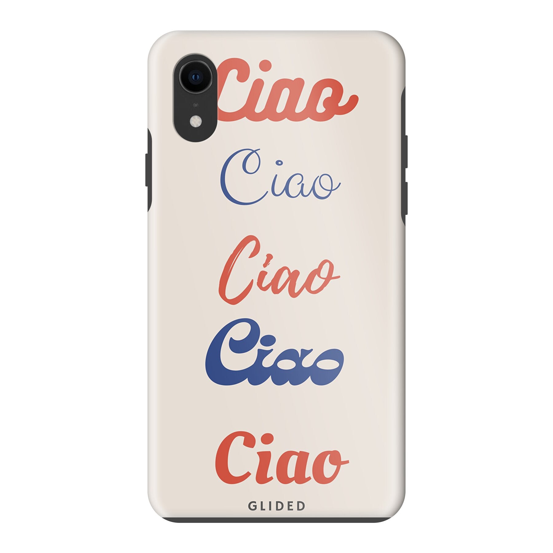 Ciao iPhone XR Handyhülle mit buntem Design und wiederholtem Schriftzug 'Ciao' in verschiedenen Schriftarten.