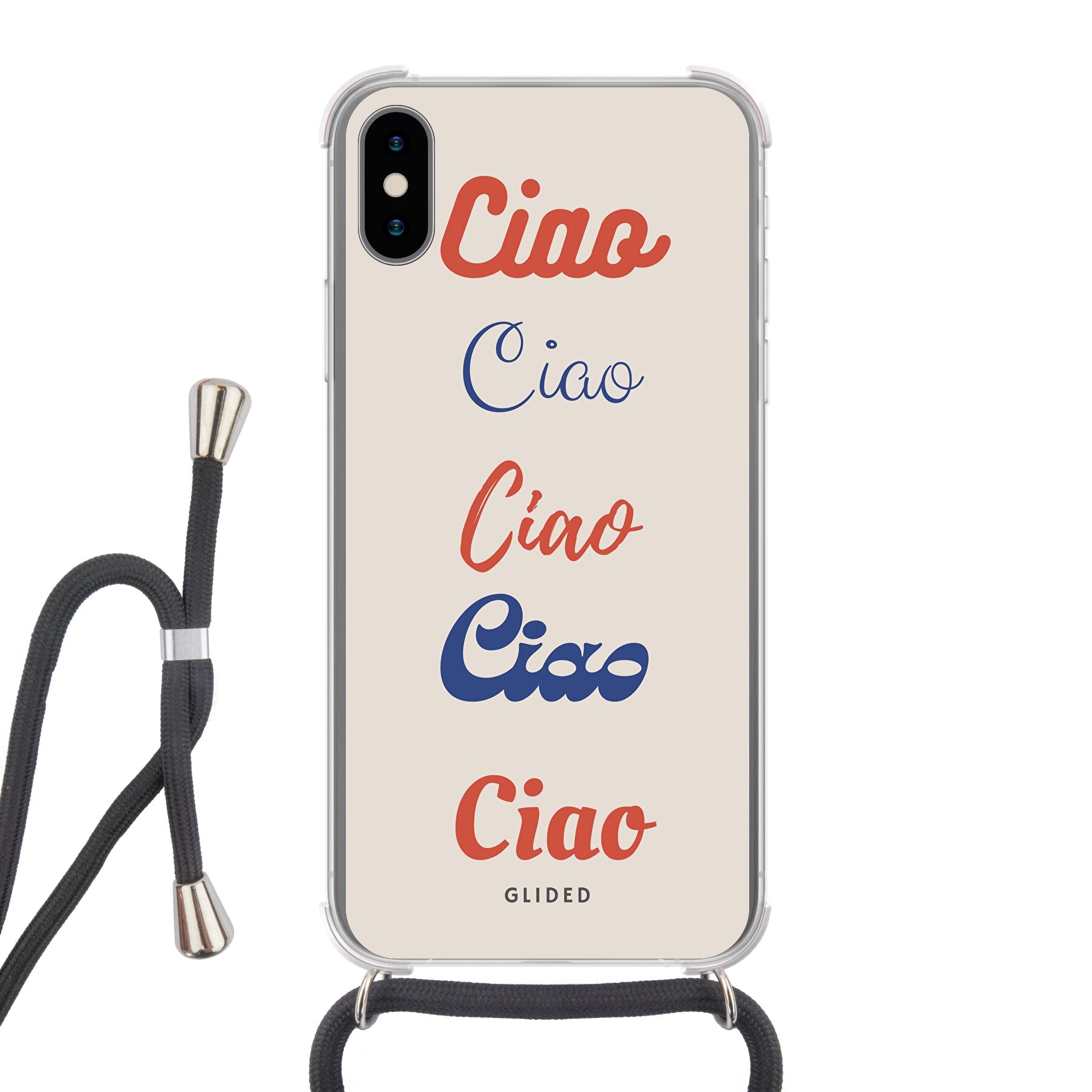 Ciao iPhone X/Xs Handyhülle mit buntem Design und dem Wort Ciao in verschiedenen Schriftarten.