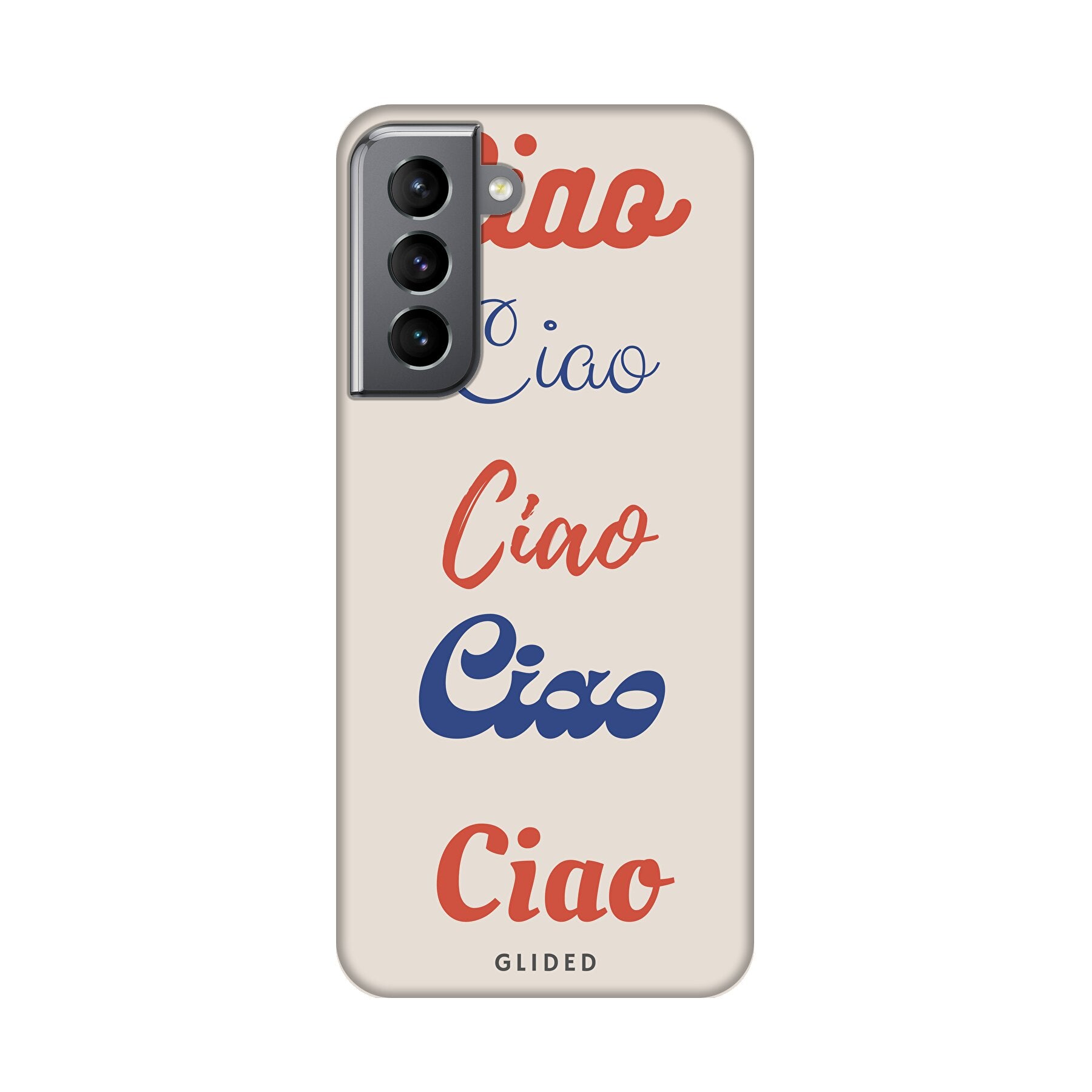 Ciao Handyhülle für Samsung Galaxy S21 5G mit buntem Design und dem Wort 'Ciao' in verschiedenen Schriftarten.