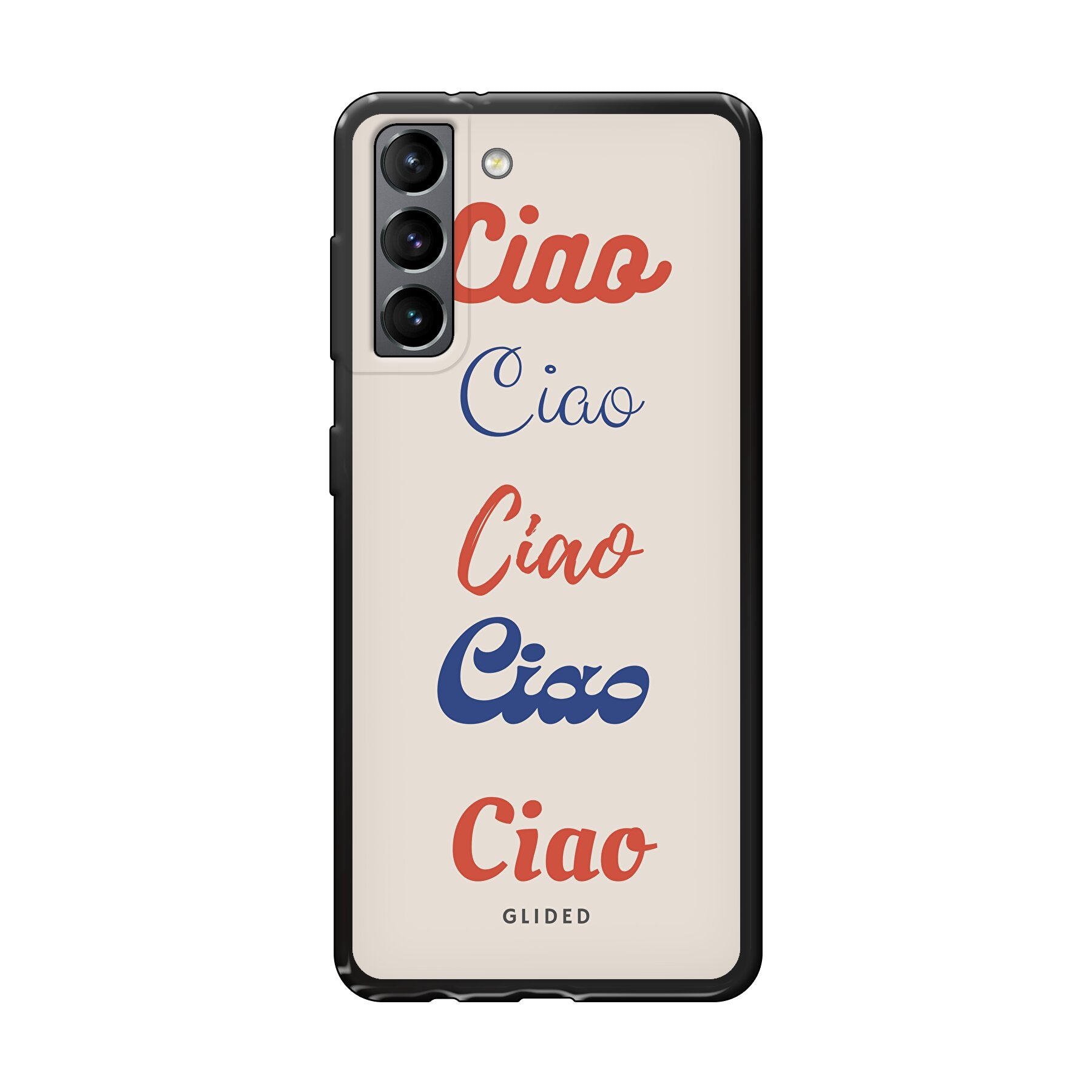 Ciao Handyhülle für Samsung Galaxy S21 5G mit buntem Design und dem Wort 'Ciao' in verschiedenen Schriftarten.