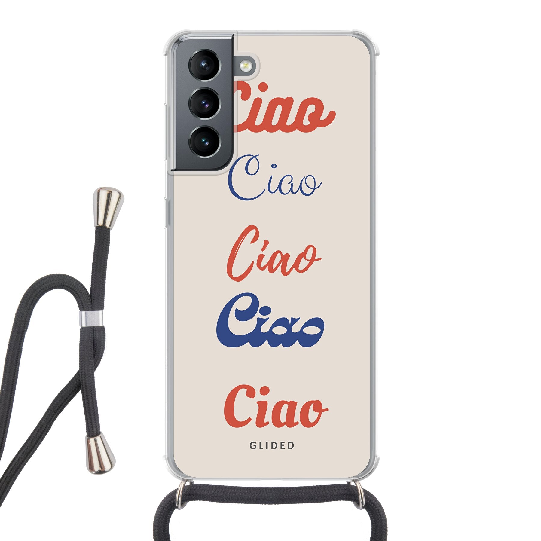 Ciao Handyhülle für Samsung Galaxy S21 5G mit buntem Design und dem Wort 'Ciao' in verschiedenen Schriftarten.