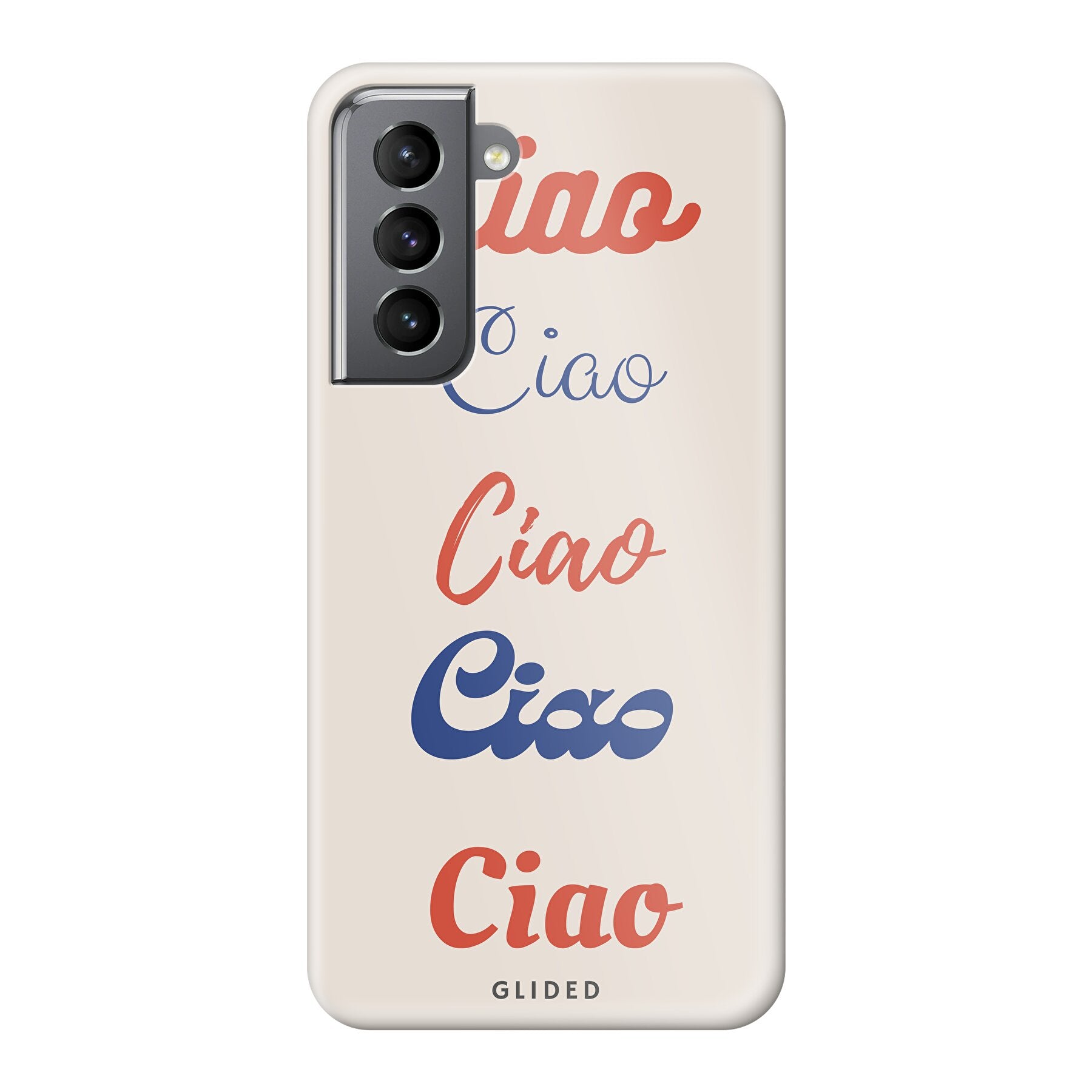 Ciao Handyhülle für Samsung Galaxy S21 5G mit buntem Design und dem Wort 'Ciao' in verschiedenen Schriftarten.