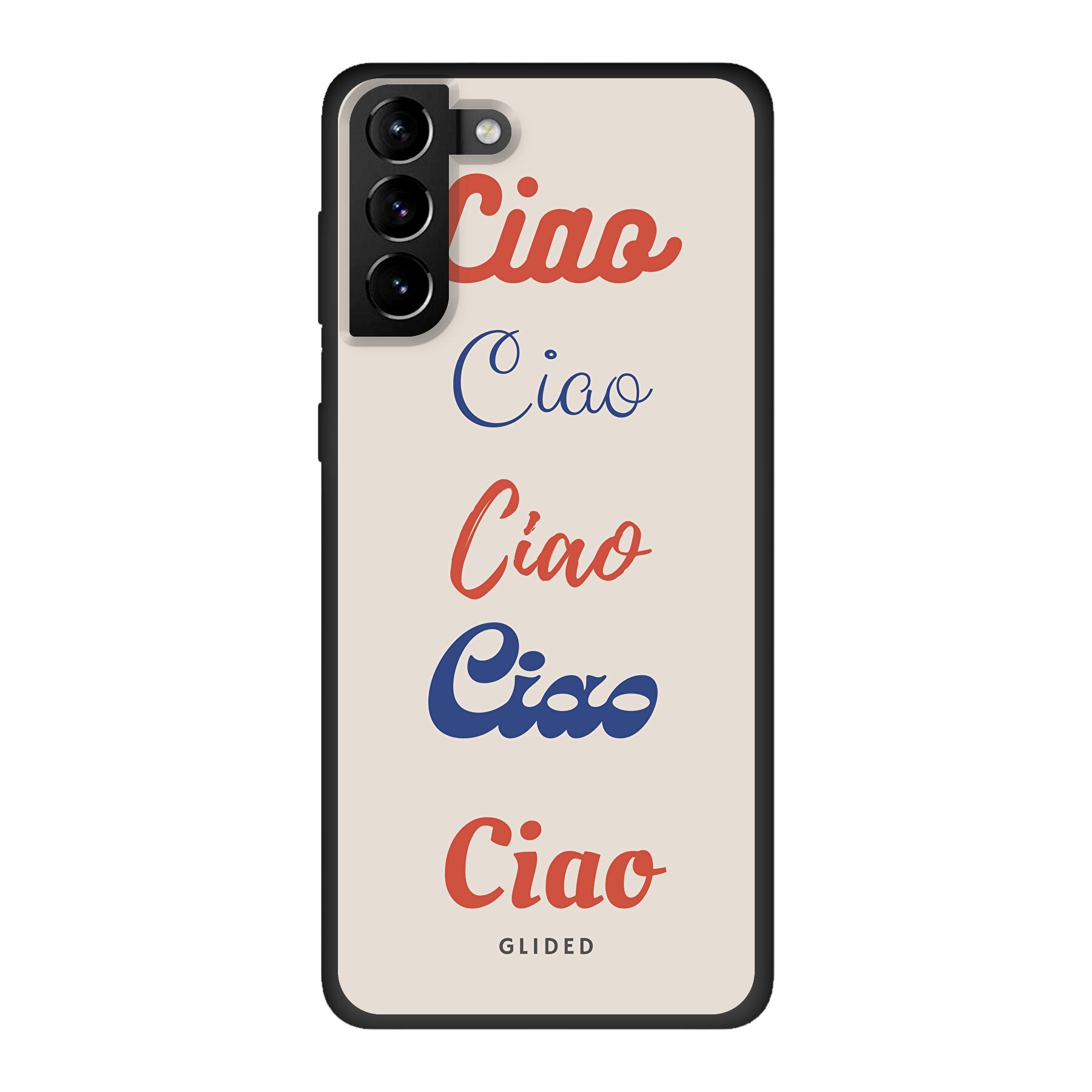 Ciao Handyhülle für Samsung Galaxy S21 Plus 5G mit buntem Design und dem Wort 'Ciao' in verschiedenen Schriftarten.