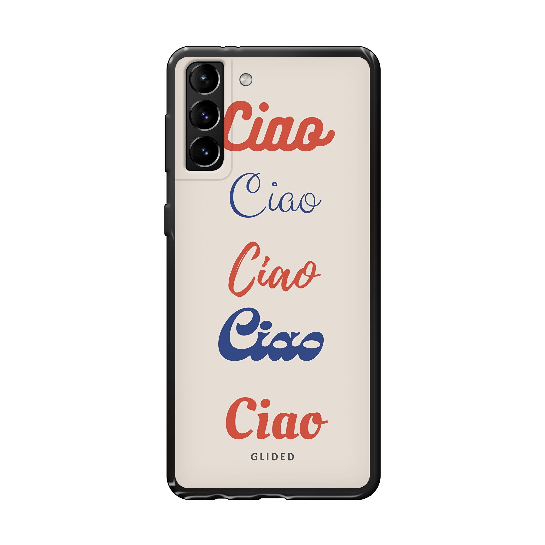 Ciao Handyhülle für Samsung Galaxy S21 Plus 5G mit buntem Design und dem Wort 'Ciao' in verschiedenen Schriftarten.