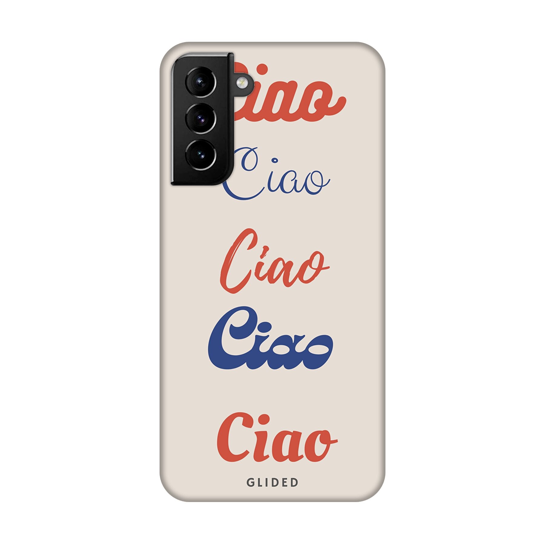 Ciao Handyhülle für Samsung Galaxy S21 Plus 5G mit buntem Design und dem Wort 'Ciao' in verschiedenen Schriftarten.