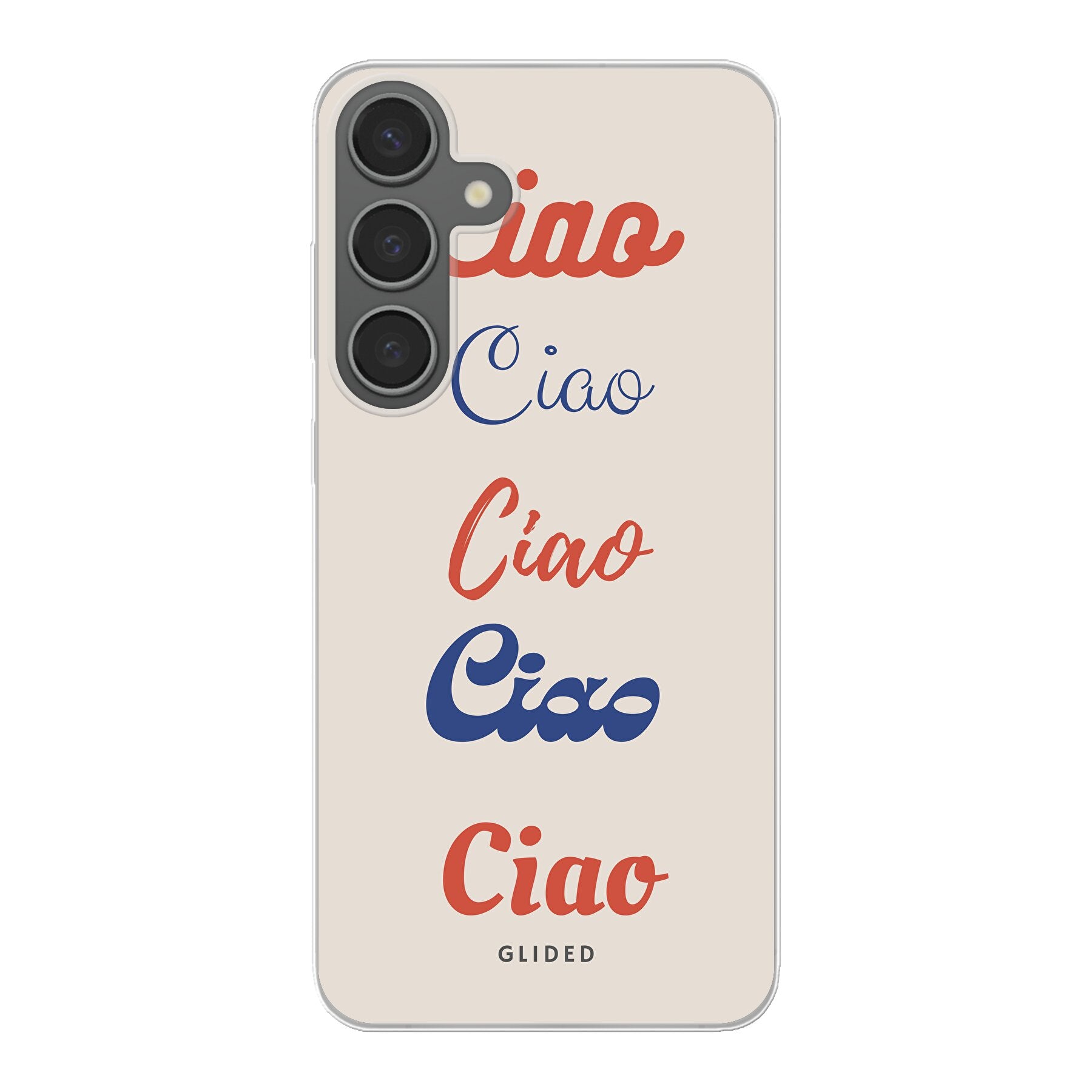 Ciao Handyhülle für Samsung Galaxy S24 Plus mit buntem Design und dem Schriftzug 'Ciao' in verschiedenen Schriftarten.