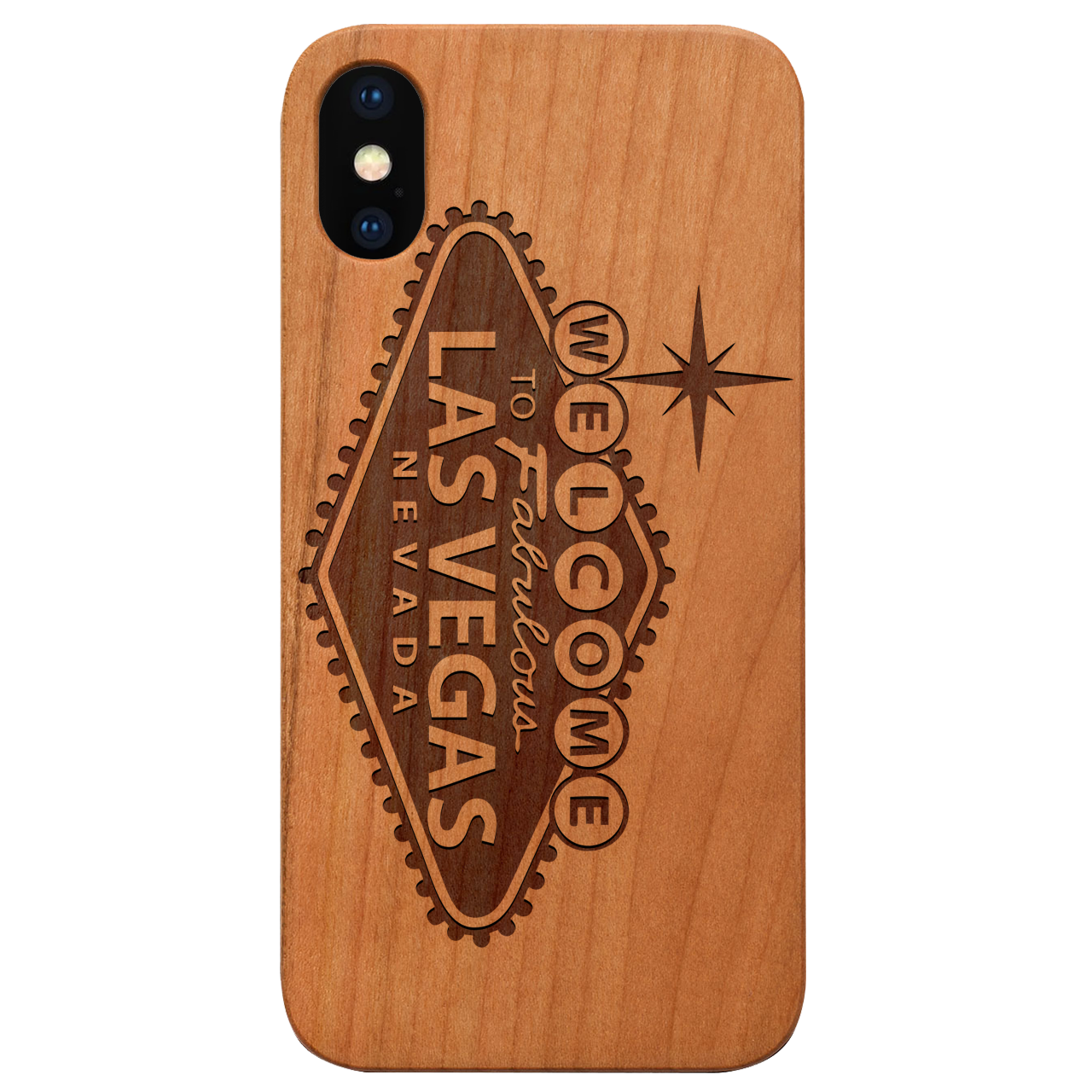 City Vegas 1 - Engraved wooden phone case showcasing intricate laser-engraved design and natural wood finish.