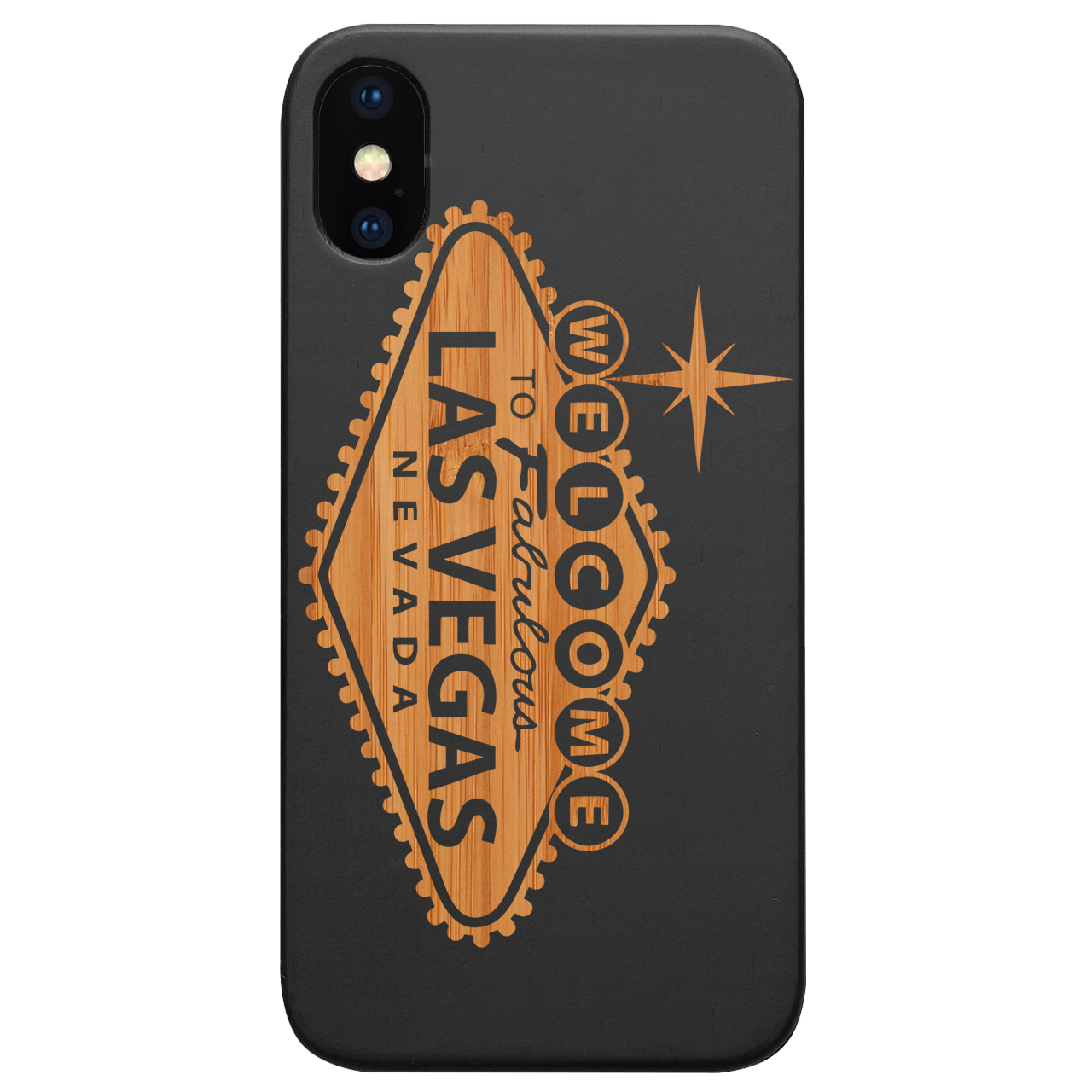 City Vegas 1 - Engraved wooden phone case showcasing intricate laser-engraved design and natural wood finish.