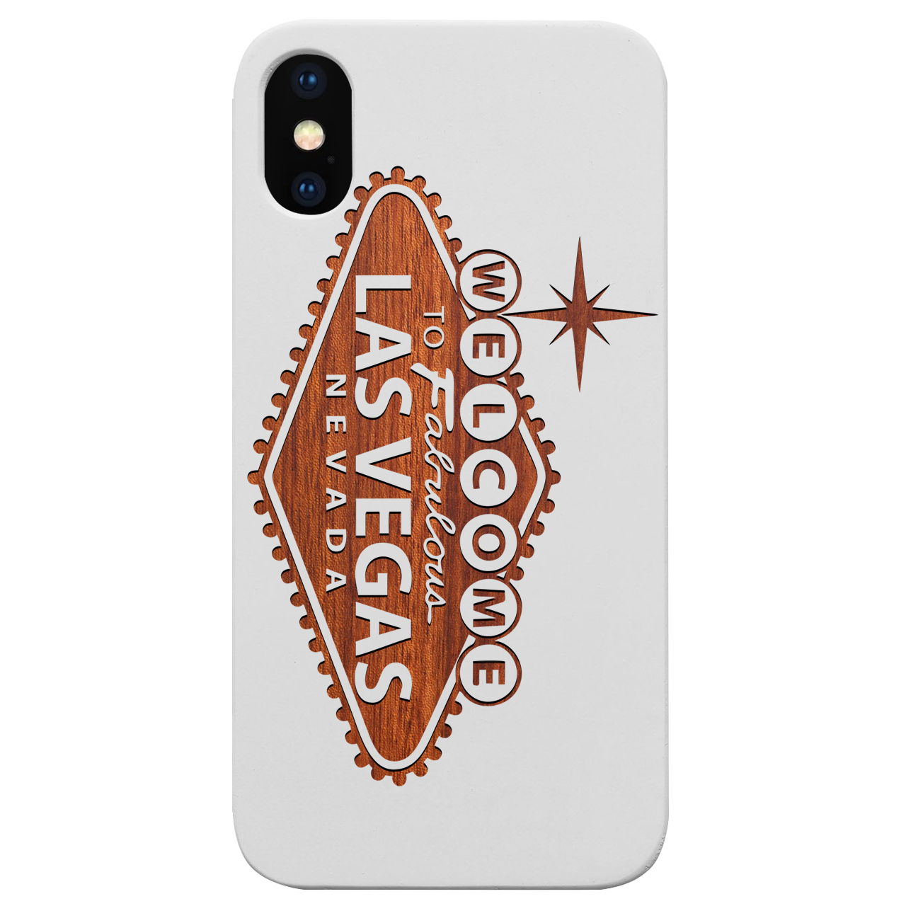 City Vegas 1 - Engraved wooden phone case showcasing intricate laser-engraved design and natural wood finish.