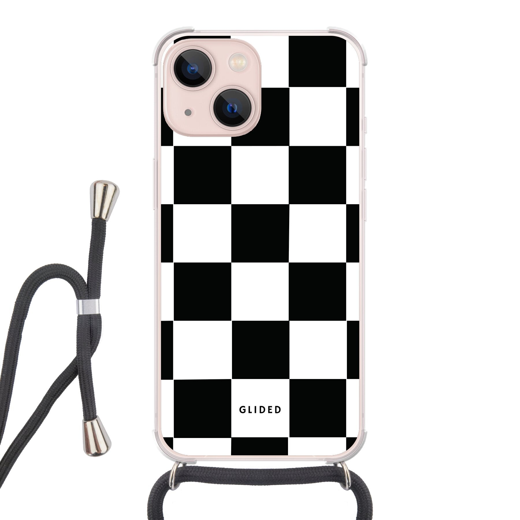 Elegante Classic Chess iPhone 13 Handyhülle mit traditionellem Schachbrettmuster in Schwarz und Weiß, idealer Schutz und stilvolles Design.