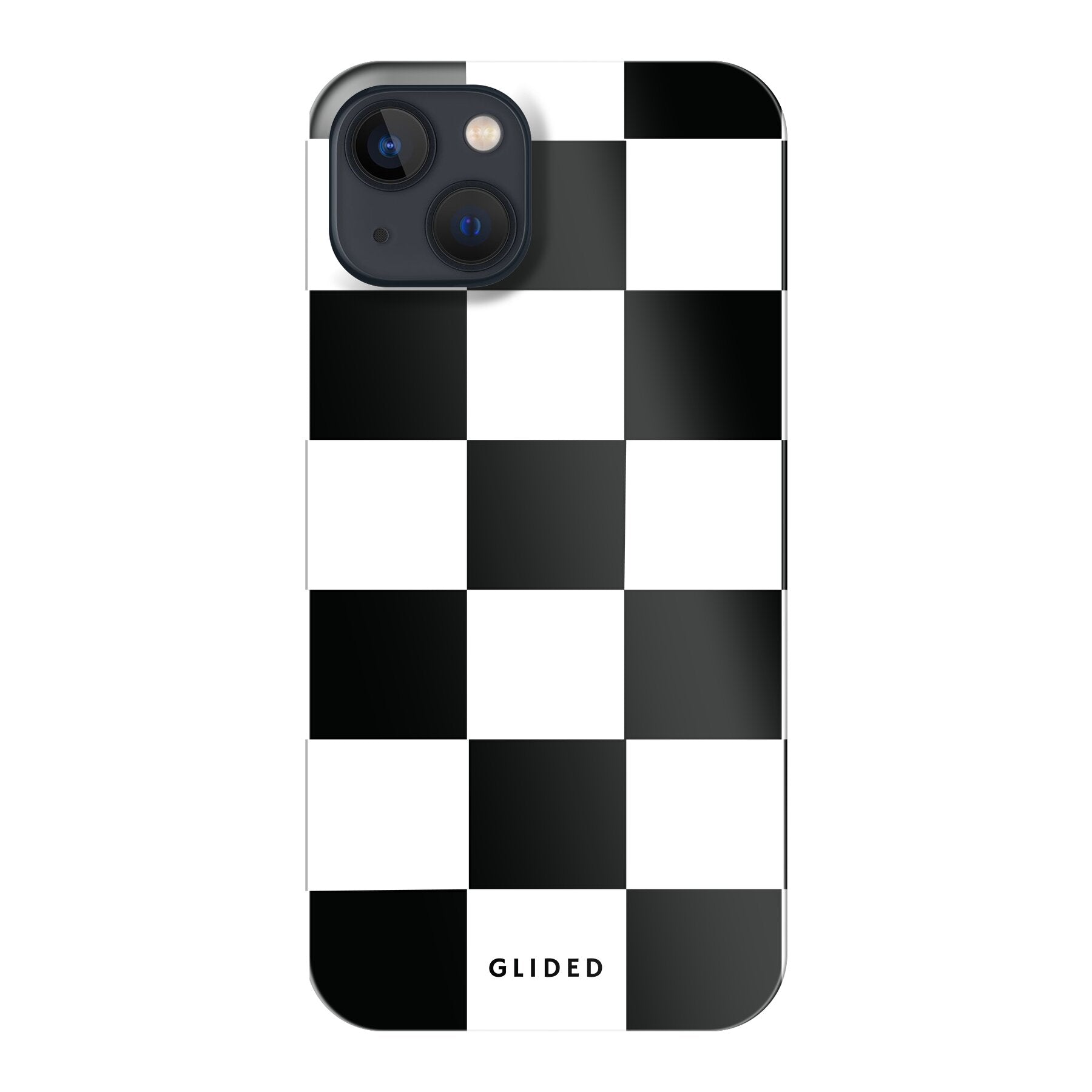 Elegante Classic Chess iPhone 13 Handyhülle mit traditionellem Schachbrettmuster in Schwarz und Weiß, idealer Schutz und stilvolles Design.