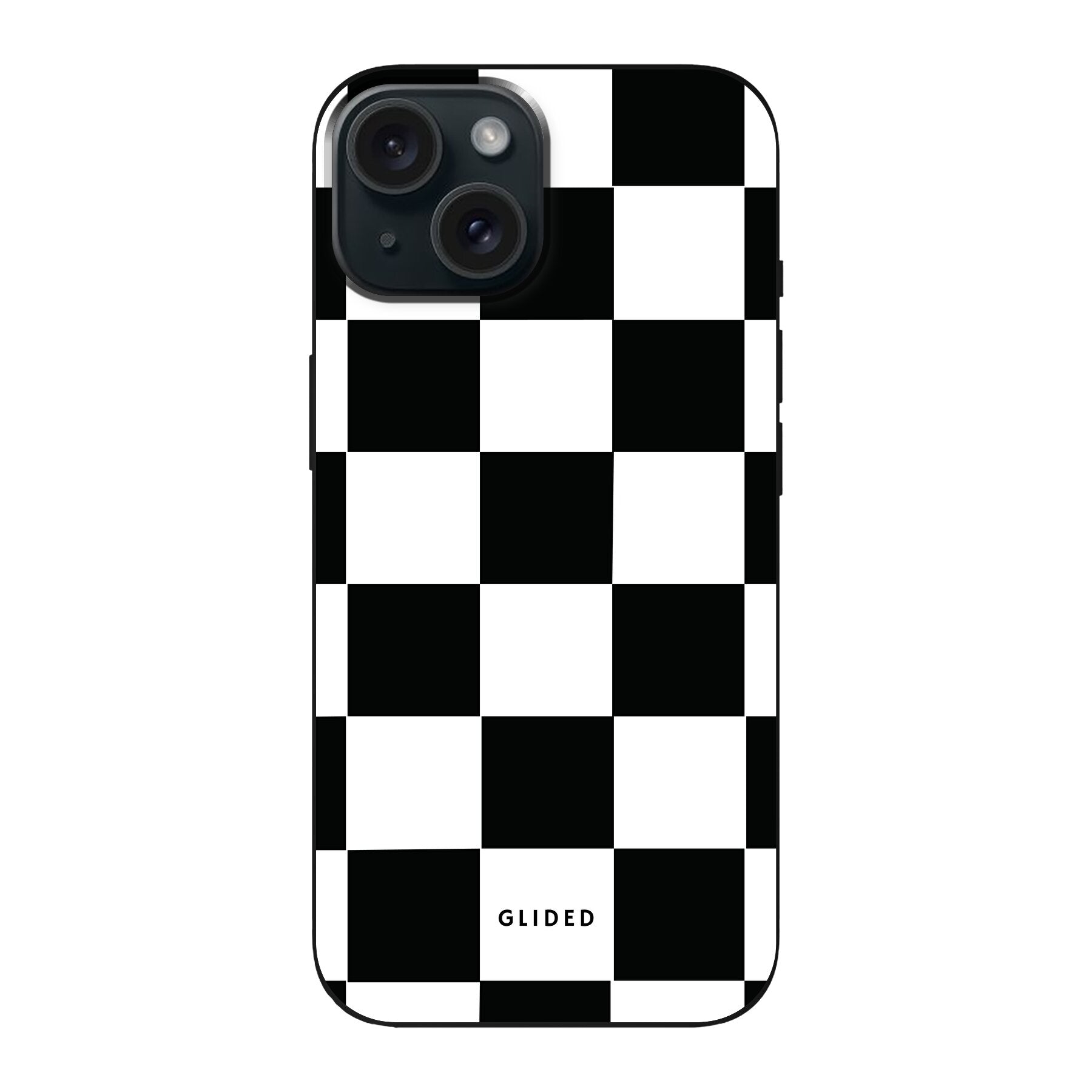 Elegante 'Classic Chess' iPhone 15-Hülle mit traditionellem Schachbrettmuster in Schwarz und Weiß, ideal für stilvollen Schutz.