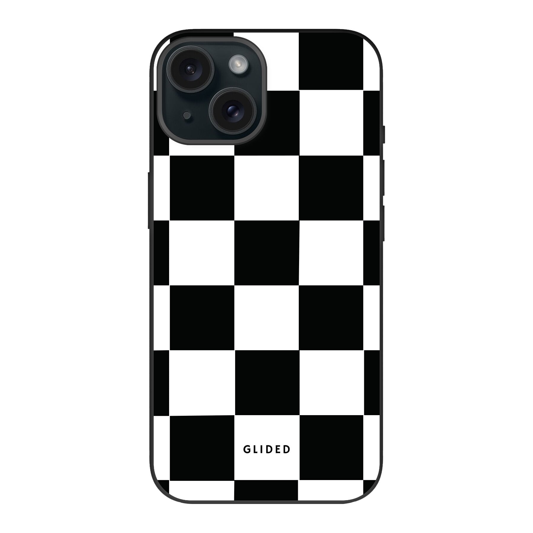 Elegante 'Classic Chess' iPhone 15-Hülle mit traditionellem Schachbrettmuster in Schwarz und Weiß, ideal für stilvollen Schutz.