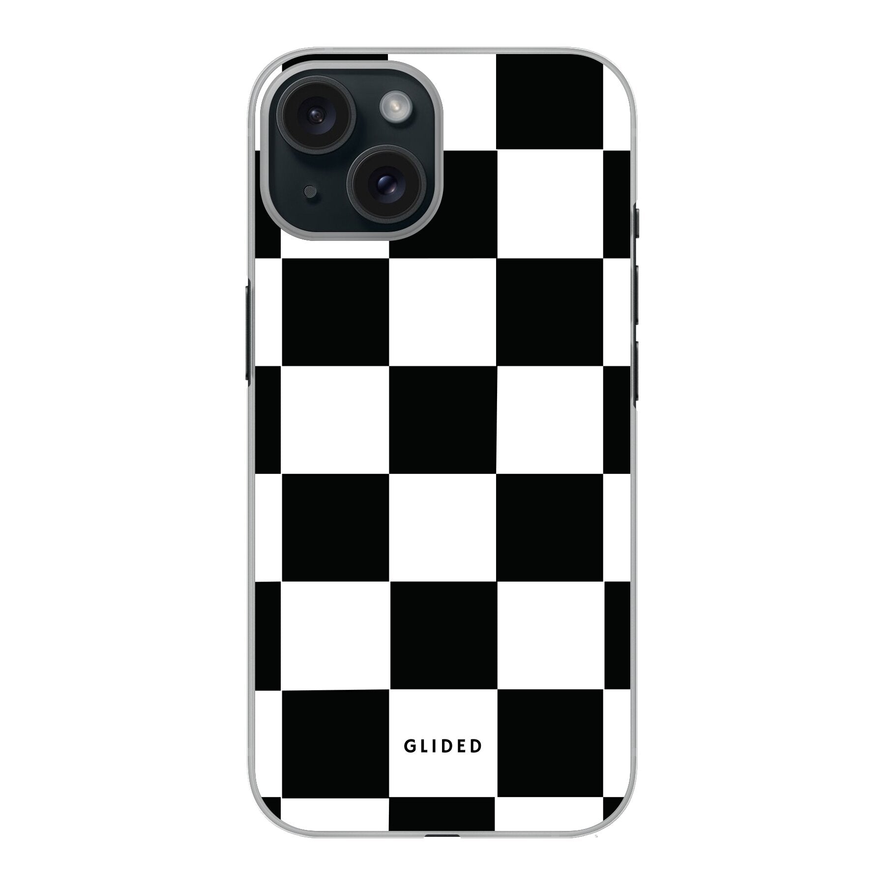 Elegante 'Classic Chess' iPhone 15-Hülle mit traditionellem Schachbrettmuster in Schwarz und Weiß, ideal für stilvollen Schutz.