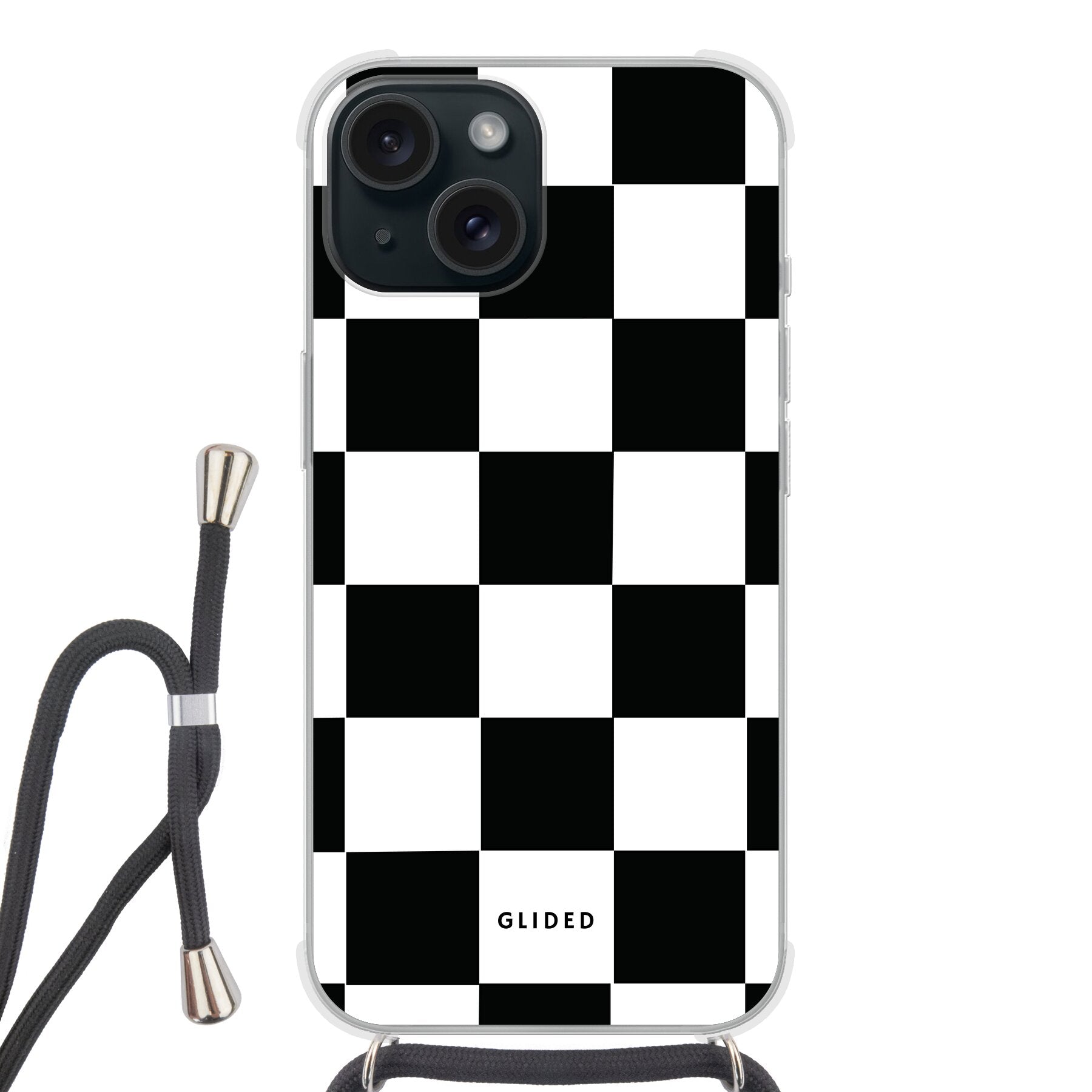 Elegante 'Classic Chess' iPhone 15-Hülle mit traditionellem Schachbrettmuster in Schwarz und Weiß, ideal für stilvollen Schutz.