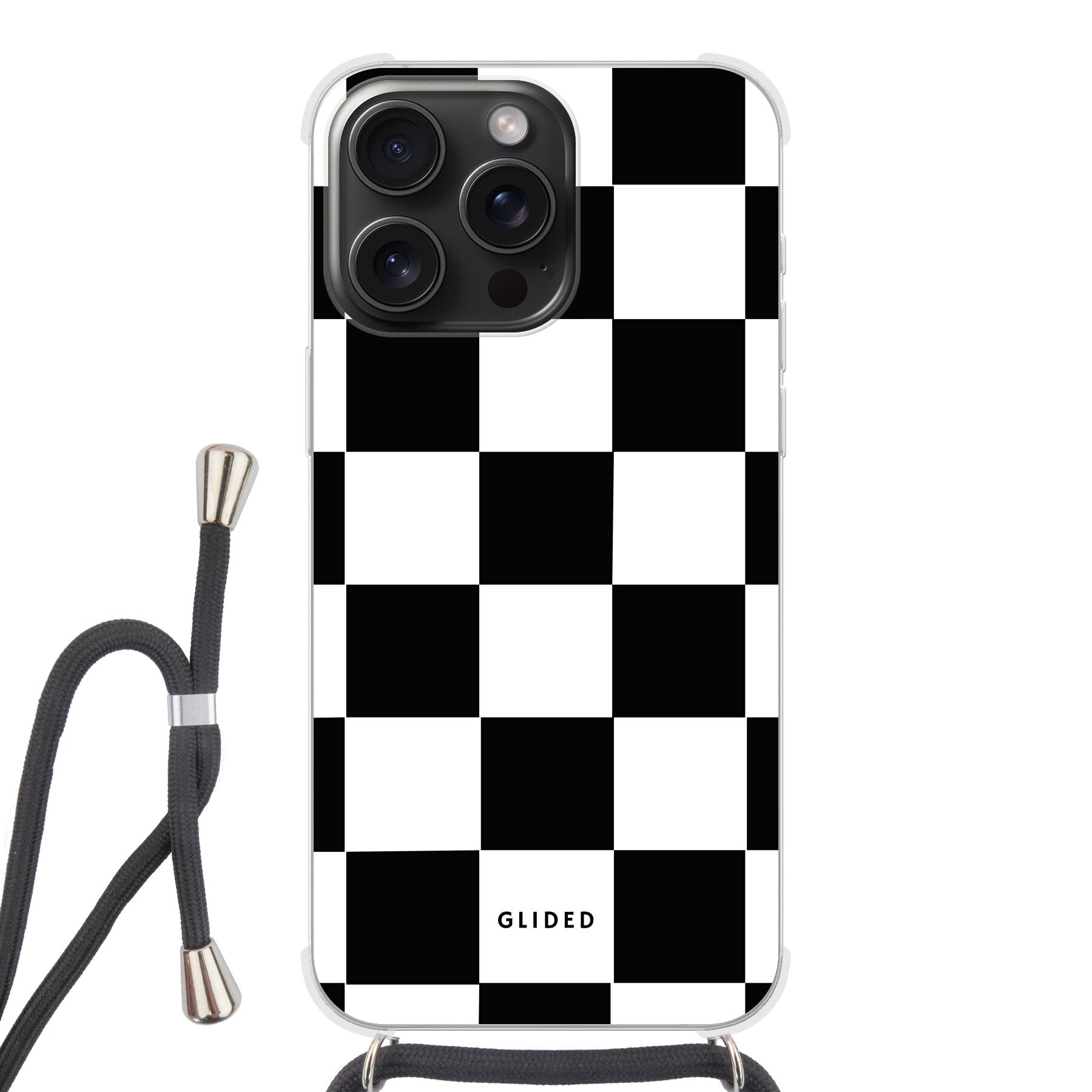 Elegante Classic Chess iPhone 15 Pro Hülle mit traditionellem Schachbrettmuster, bietet stilvollen Schutz und Funktionalität.