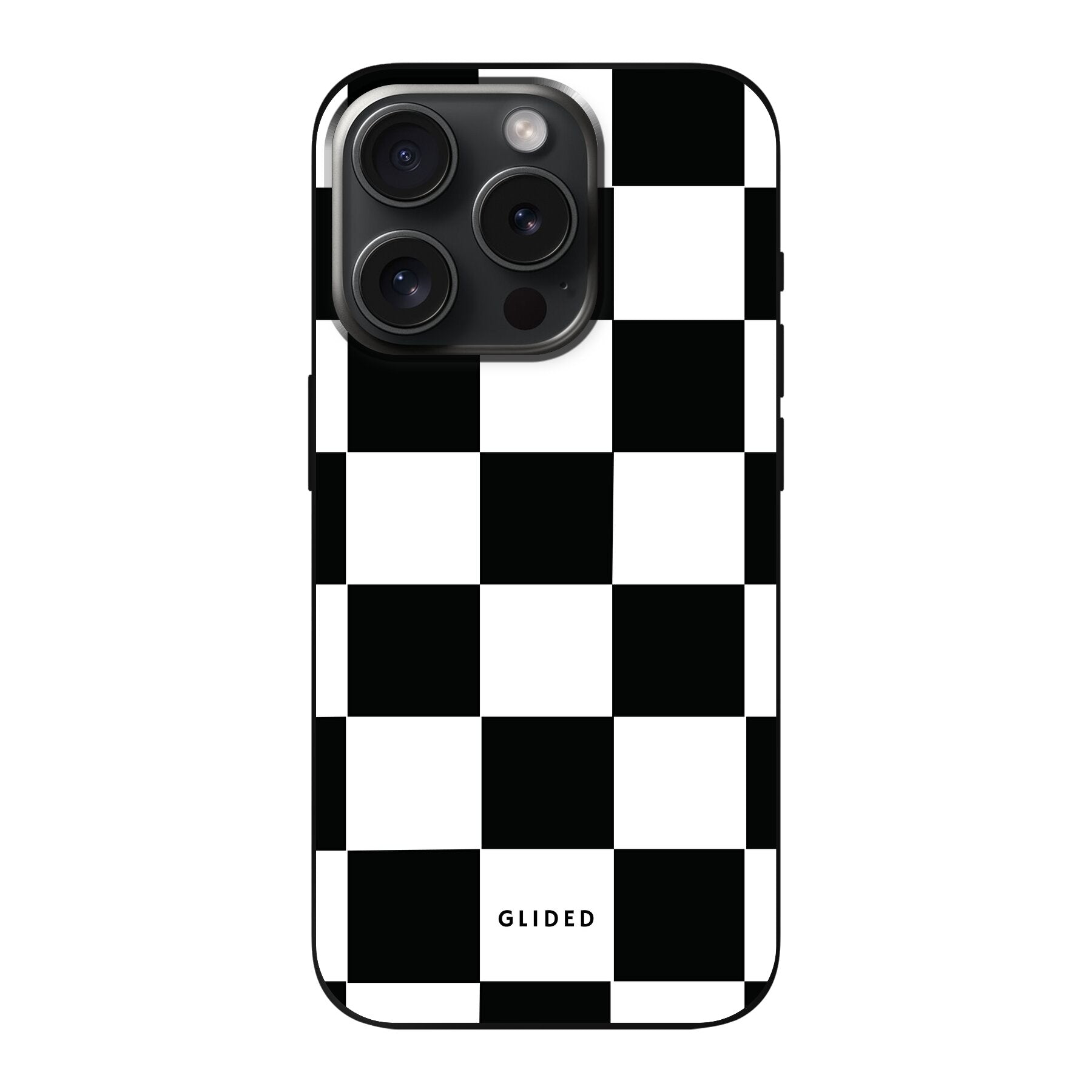 Elegante Classic Chess iPhone 15 Pro Hülle mit traditionellem Schachbrettmuster, bietet stilvollen Schutz und Funktionalität.