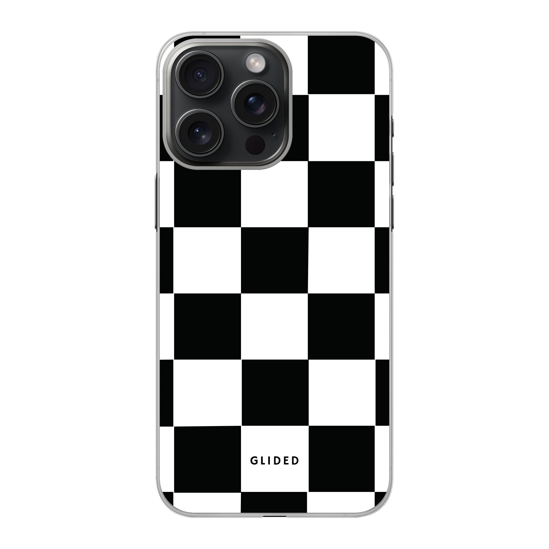 Elegante Classic Chess iPhone 15 Pro Hülle mit traditionellem Schachbrettmuster, bietet stilvollen Schutz und Funktionalität.