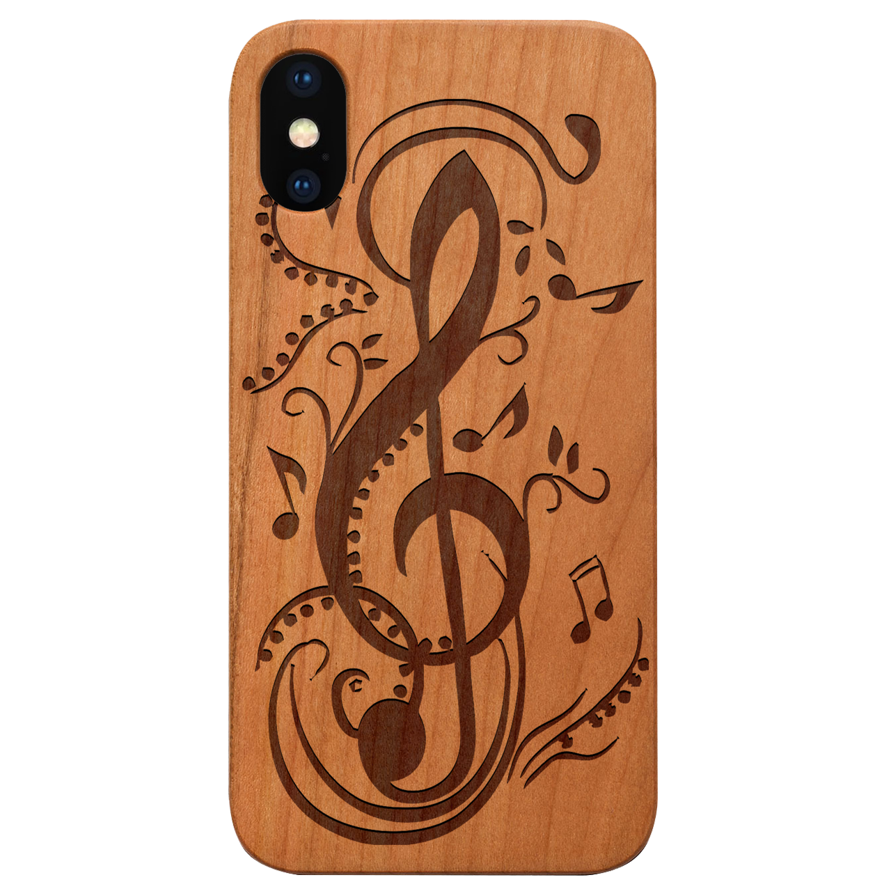 Clef 1 - Engraved wooden phone case showcasing unique laser-engraved design and natural wood finish.