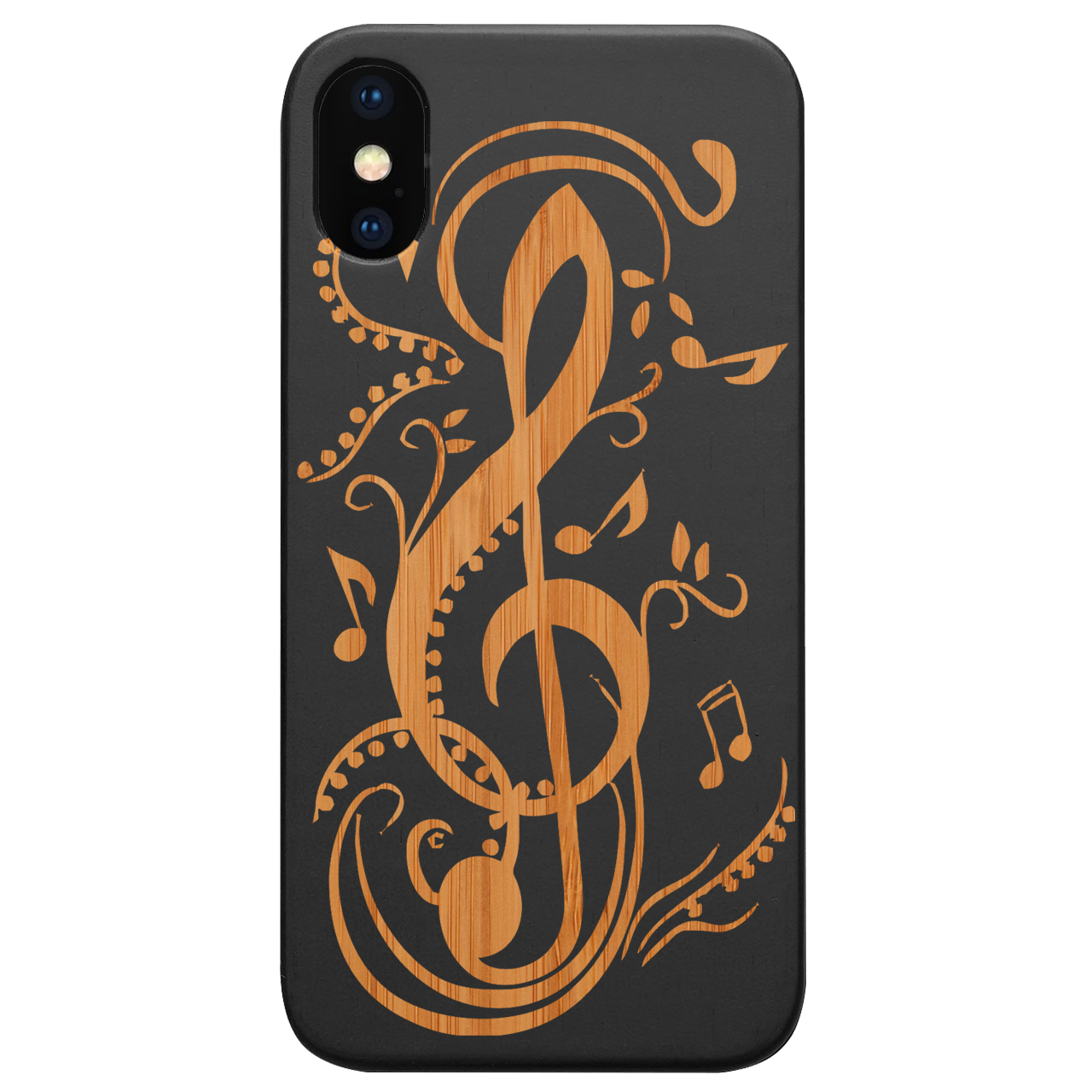 Clef 1 - Engraved wooden phone case showcasing unique laser-engraved design and natural wood finish.