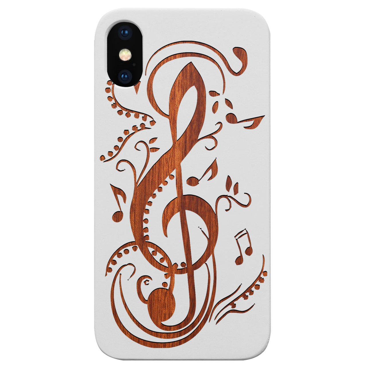 Clef 1 - Engraved wooden phone case showcasing unique laser-engraved design and natural wood finish.