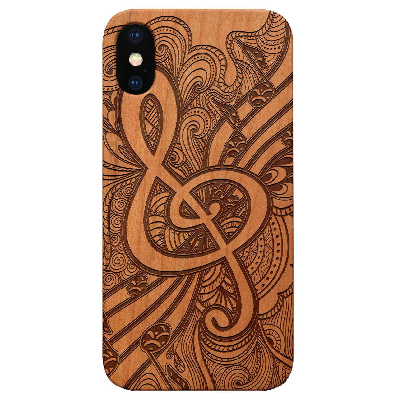 Clef 3 - Engraved wooden phone case showcasing intricate laser-engraved designs and natural wood finish.