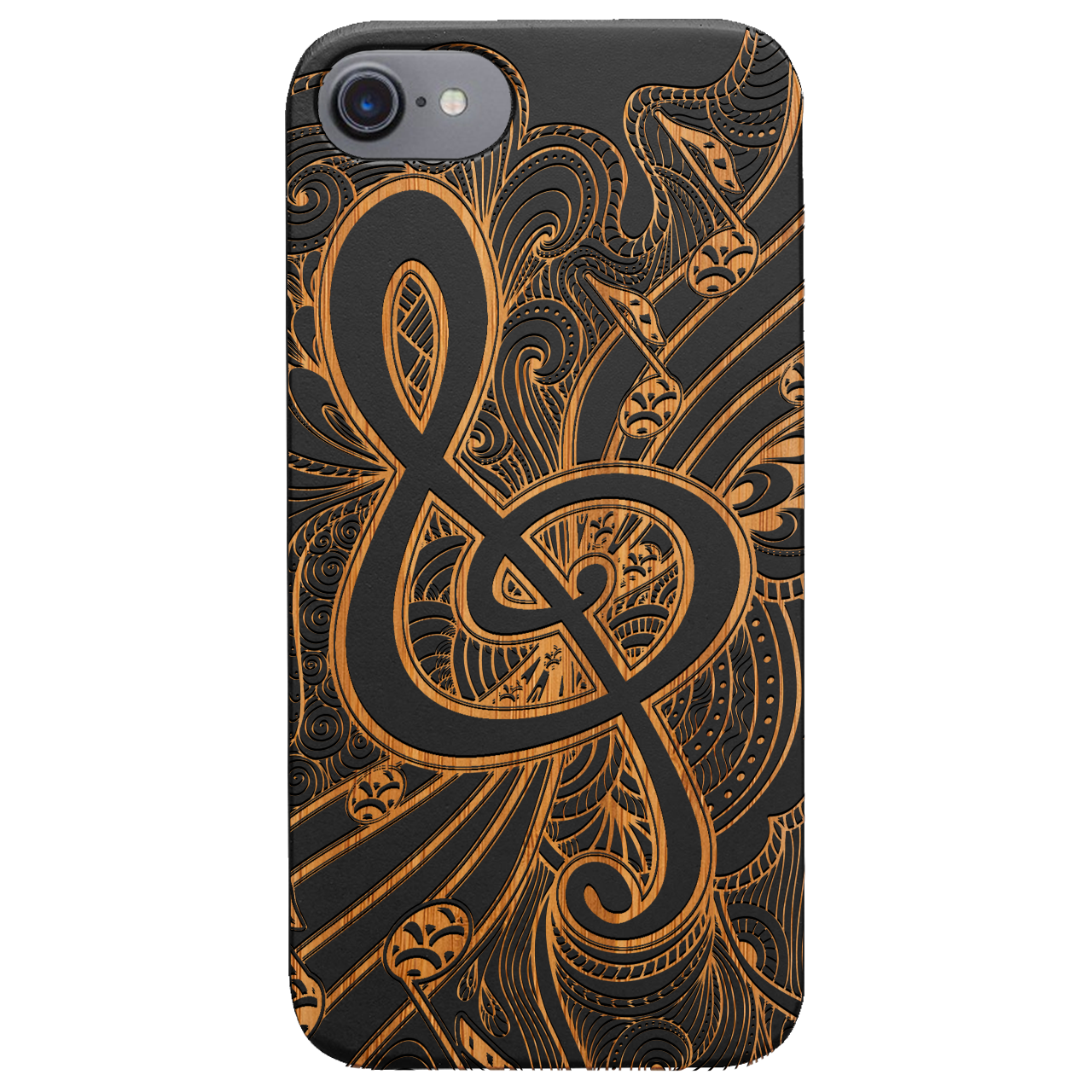 Clef 3 - Engraved wooden phone case showcasing intricate laser-engraved designs and natural wood finish.