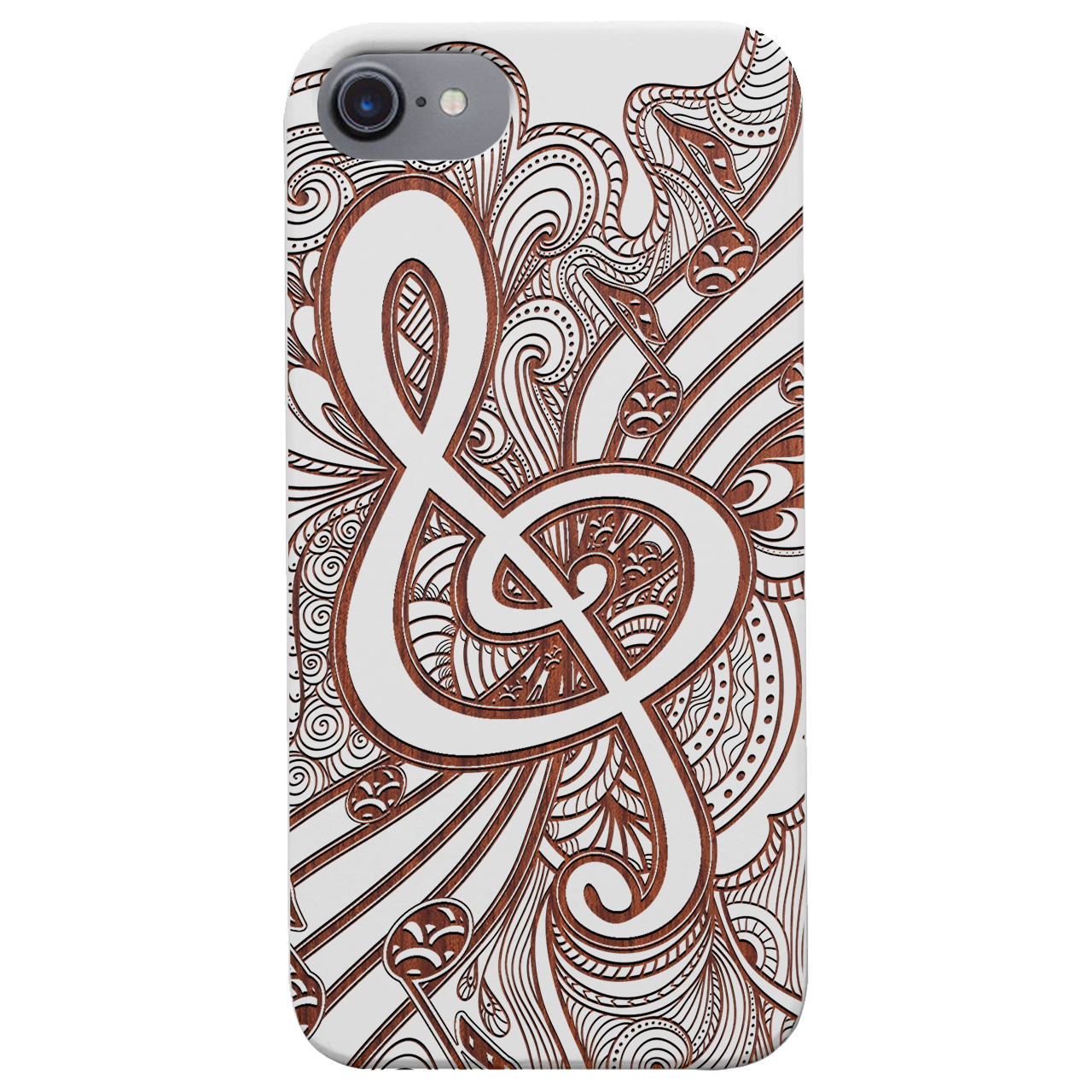 Clef 3 - Engraved wooden phone case showcasing intricate laser-engraved designs and natural wood finish.