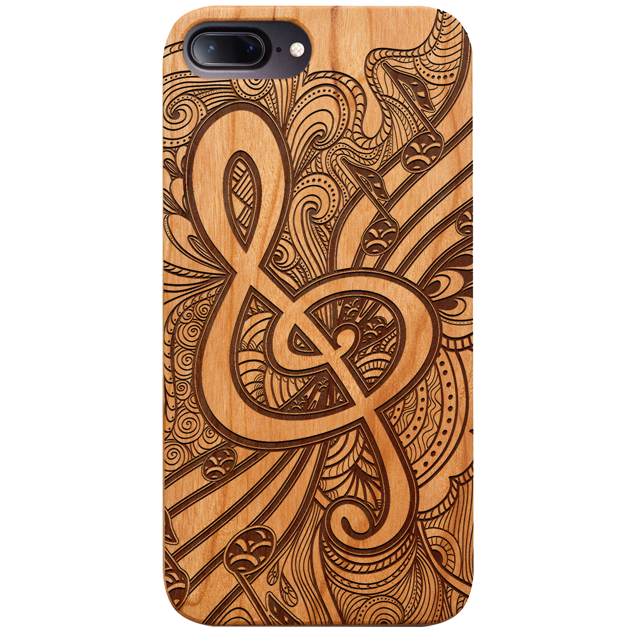 Clef 3 - Engraved wooden phone case showcasing intricate laser-engraved designs and natural wood finish.