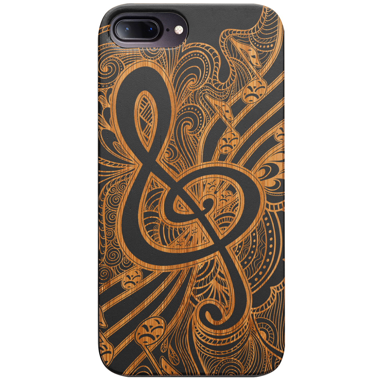 Clef 3 - Engraved wooden phone case showcasing intricate laser-engraved designs and natural wood finish.