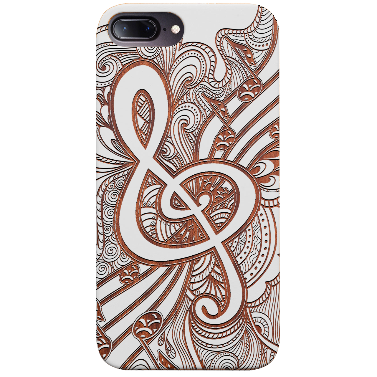 Clef 3 - Engraved wooden phone case showcasing intricate laser-engraved designs and natural wood finish.