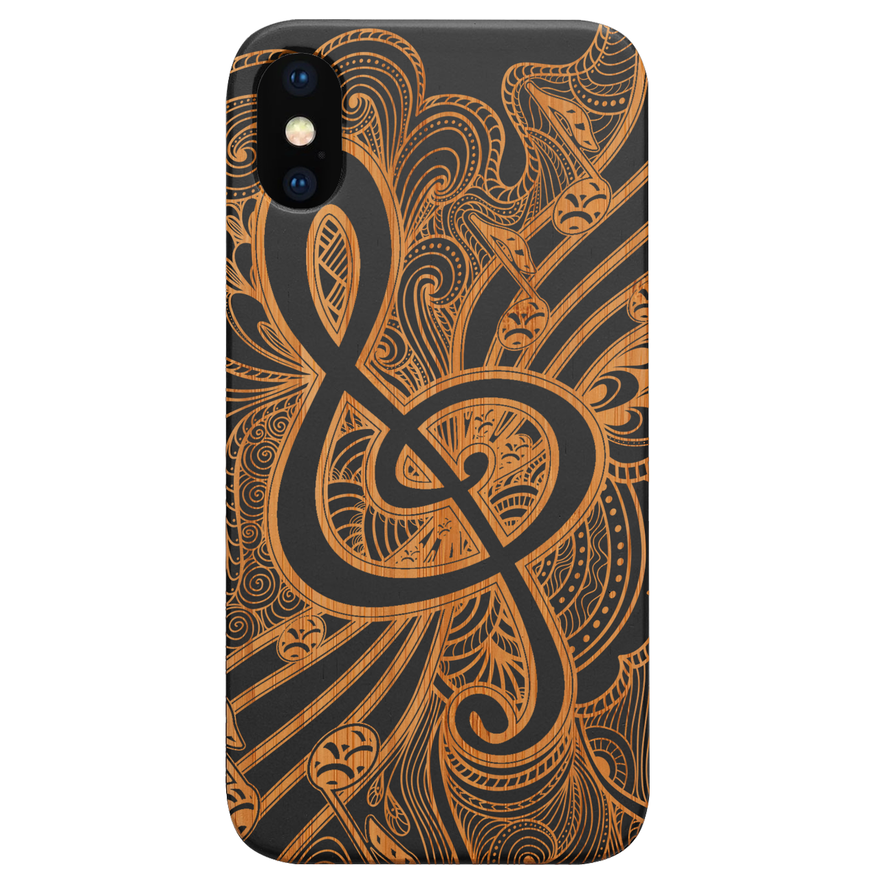 Clef 3 - Engraved wooden phone case showcasing intricate laser-engraved designs and natural wood finish.