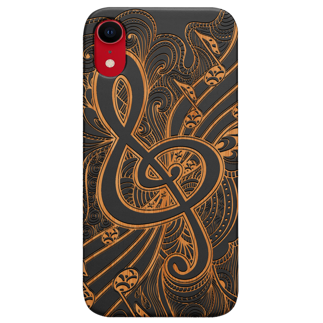 Clef 3 - Engraved wooden phone case showcasing intricate laser-engraved designs and natural wood finish.