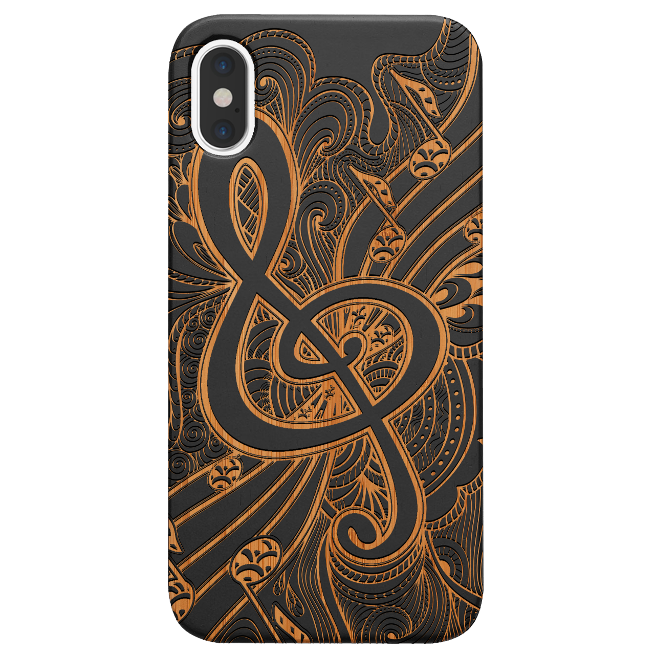 Clef 3 - Engraved wooden phone case showcasing intricate laser-engraved designs and natural wood finish.