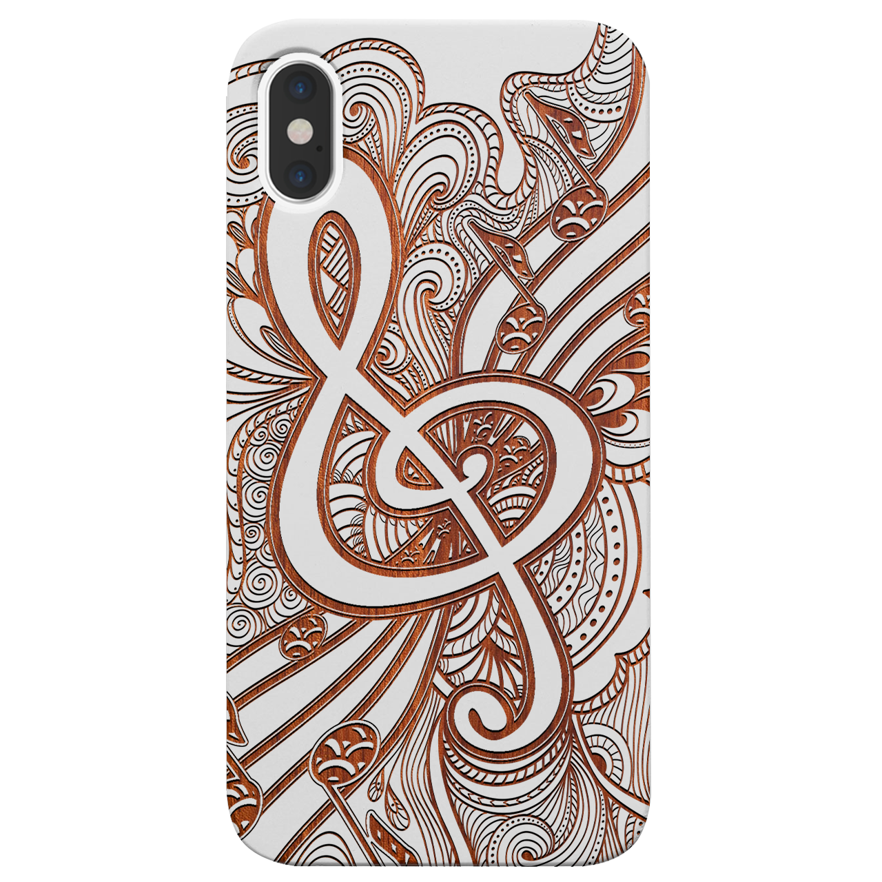 Clef 3 - Engraved wooden phone case showcasing intricate laser-engraved designs and natural wood finish.