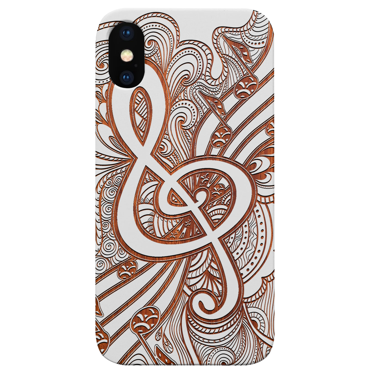 Clef 3 - Engraved wooden phone case showcasing intricate laser-engraved designs and natural wood finish.