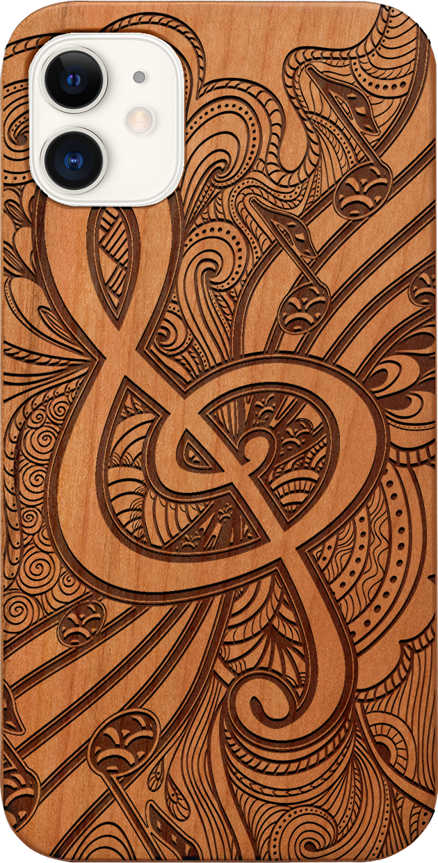 Clef 3 - Engraved wooden phone case showcasing intricate laser-engraved designs and natural wood finish.