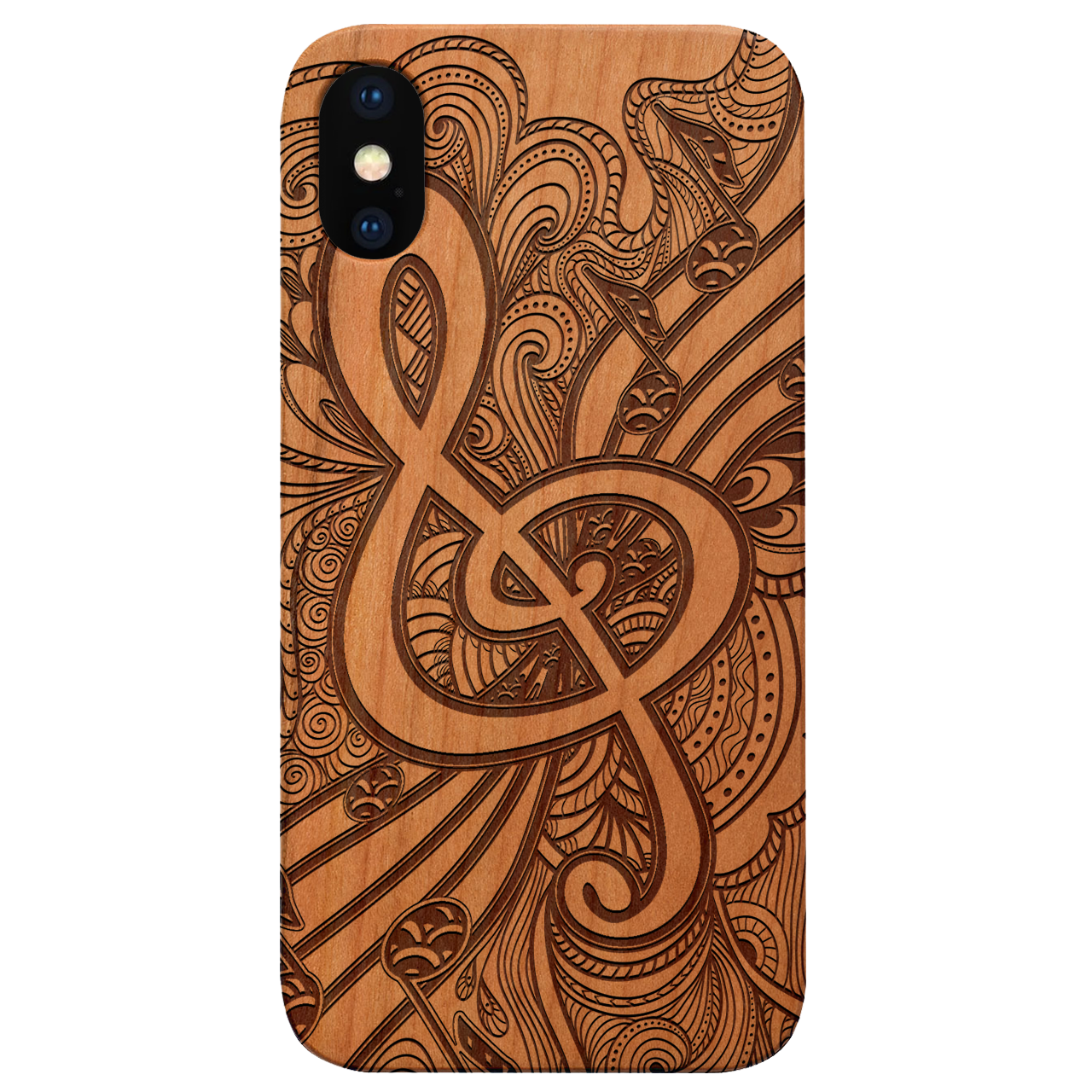 Clef 3 - Engraved wooden phone case showcasing intricate laser-engraved designs and natural wood finish.