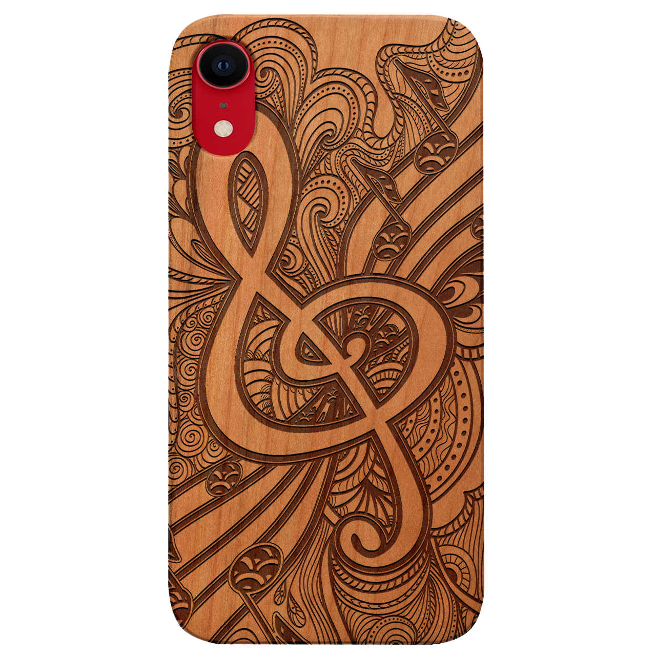 Clef 3 - Engraved wooden phone case showcasing intricate laser-engraved designs and natural wood finish.