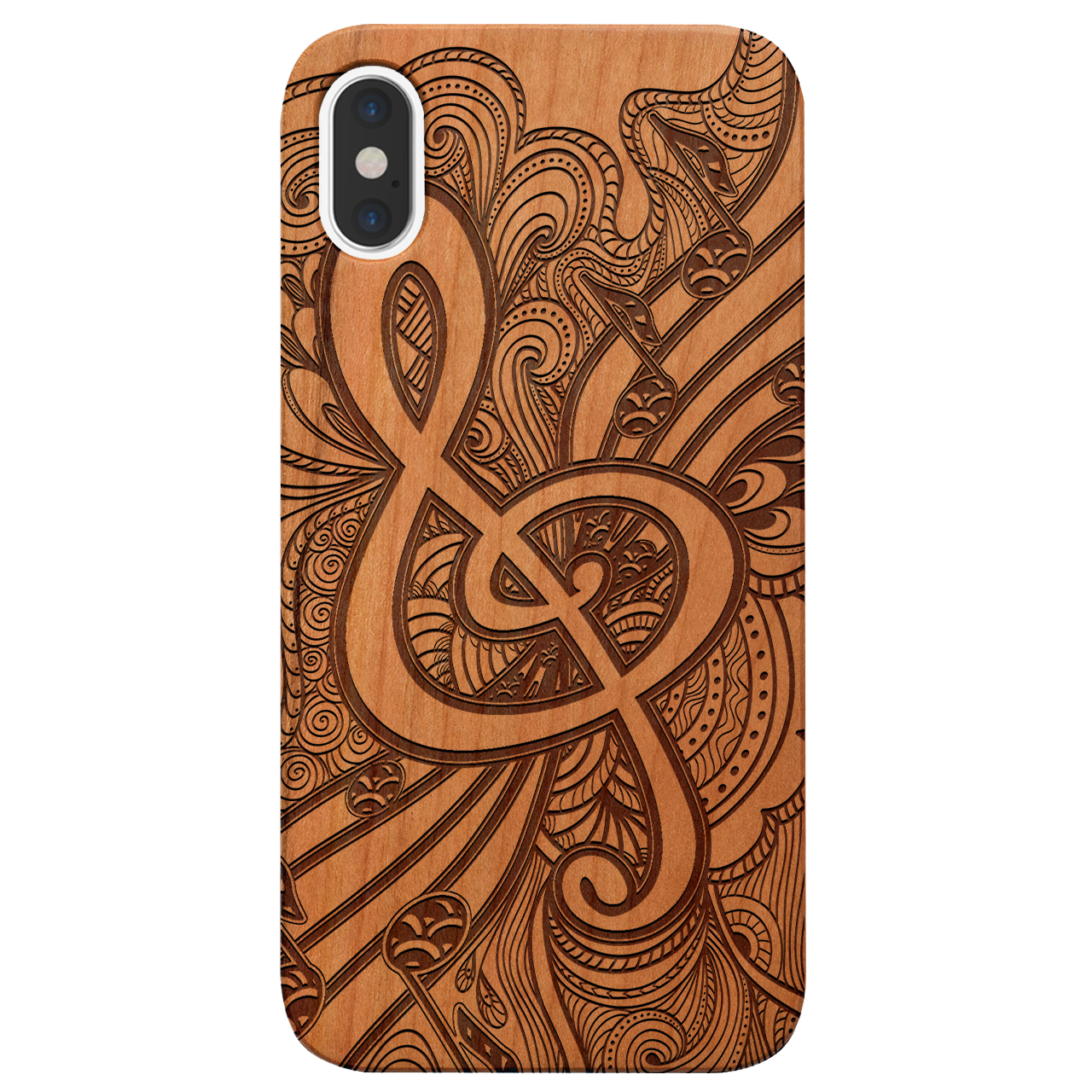 Clef 3 - Engraved wooden phone case showcasing intricate laser-engraved designs and natural wood finish.