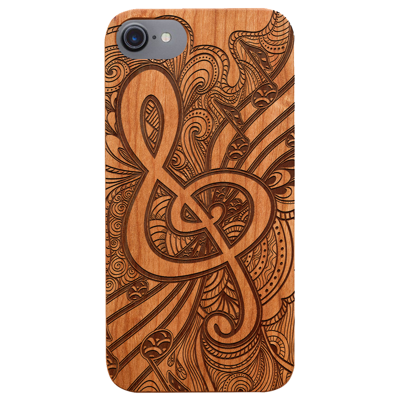 Clef 3 - Engraved wooden phone case showcasing intricate laser-engraved designs and natural wood finish.