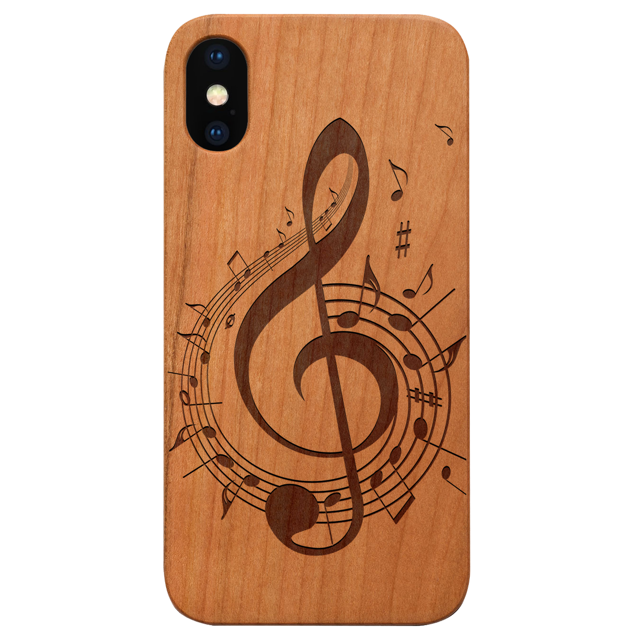 Clef 4 - Engraved wooden phone case showcasing unique laser-engraved design and natural wood finish.