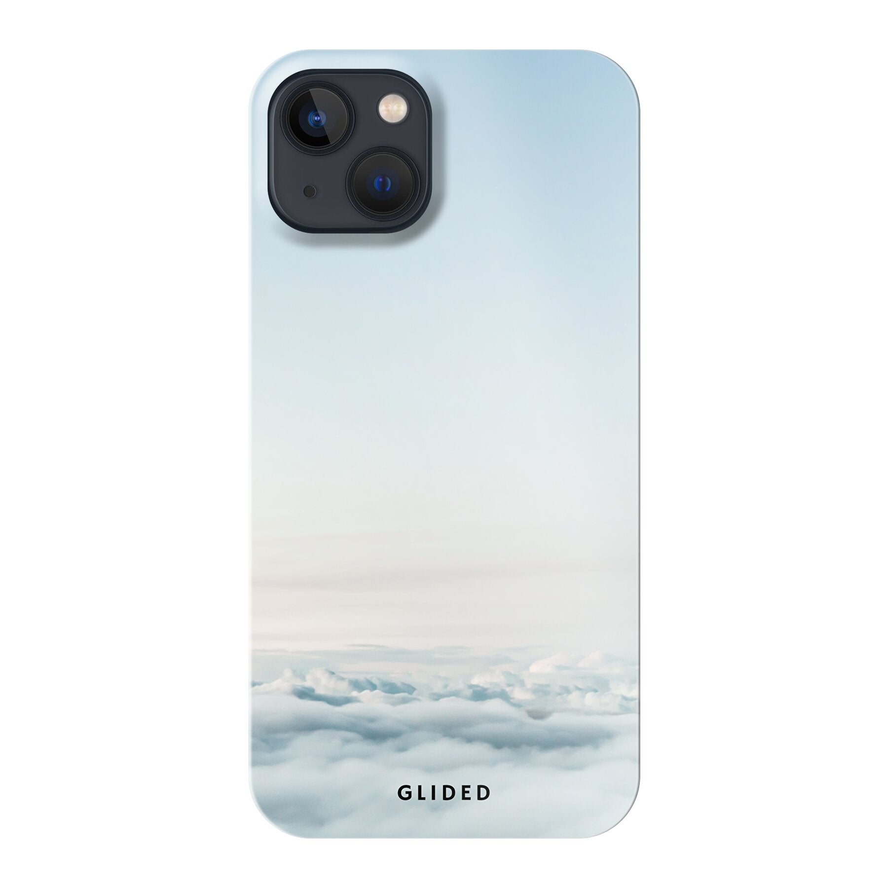 Die 'Cloudy' iPhone 13 Handyhülle mit zart gezeichneten Wolken, die eine beruhigende Atmosphäre schaffen und gleichzeitig Schutz bieten.