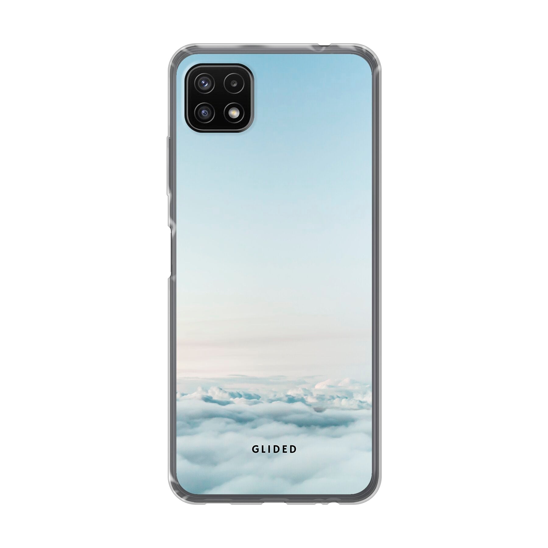 Cloudy Handyhülle für Samsung Galaxy A22 5G mit zart gezeichneten Wolkenmotiven, die eine beruhigende Atmosphäre schaffen.