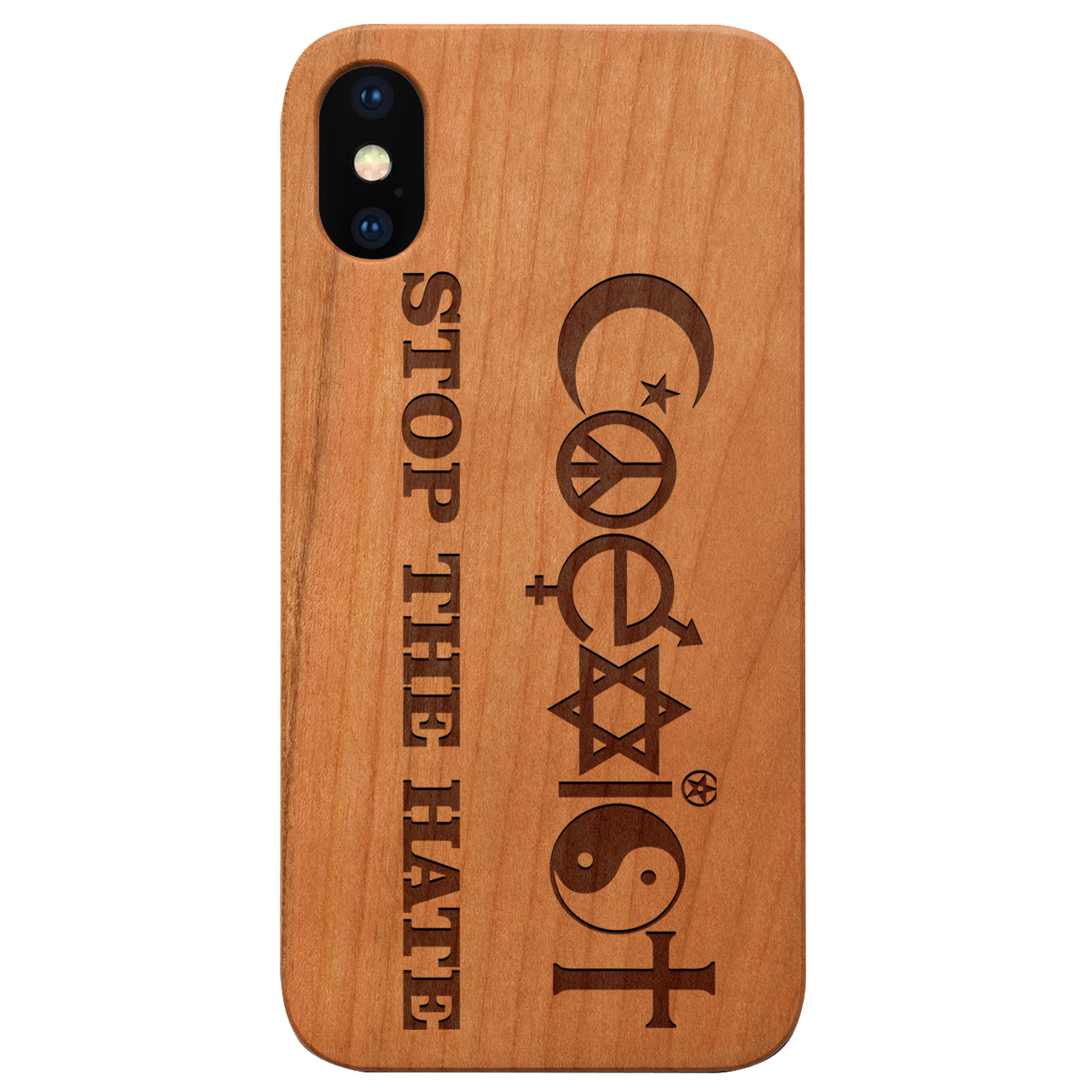 Coexist - Engraved wooden phone case showcasing unique laser-engraved design and natural wood finish, suitable for iPhone and Samsung models.